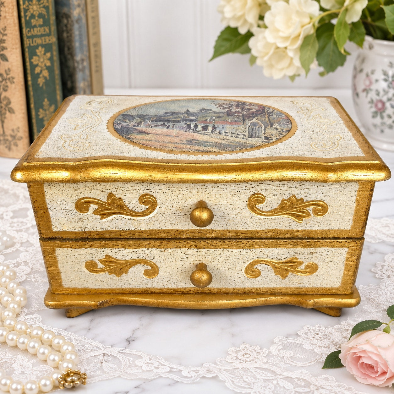 (Reserved for Customer) Vintage Florentine Wood Music Box Jewelry Box Made in Japan Plays: Green Sleeves