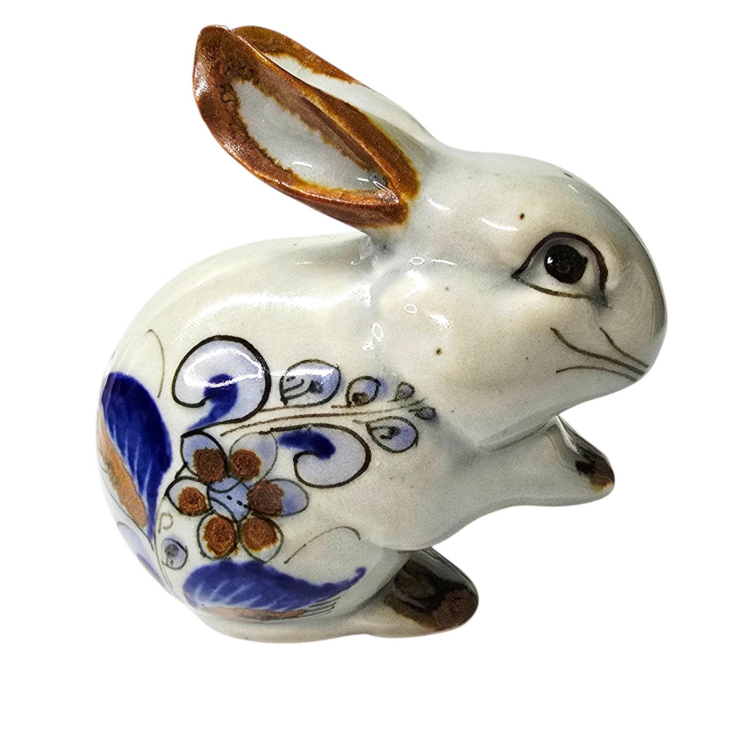 Vtg Tonala Mexico Pottery Rabbit Figurine Blue Floral Hand Painted AS IS Repair