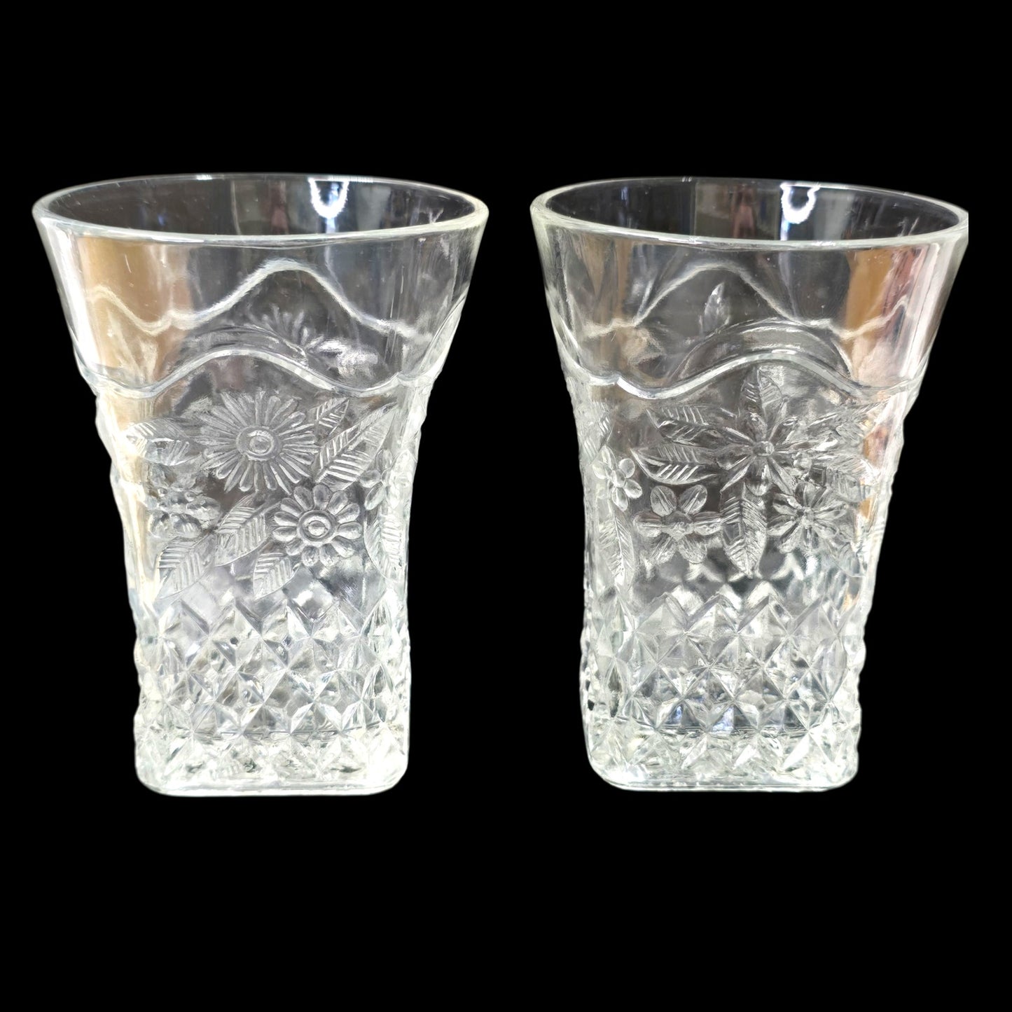 AS IS Vtg Pressed Glass Tumblers Pair 4" Daisy Diamond Pattern Clear Square Base