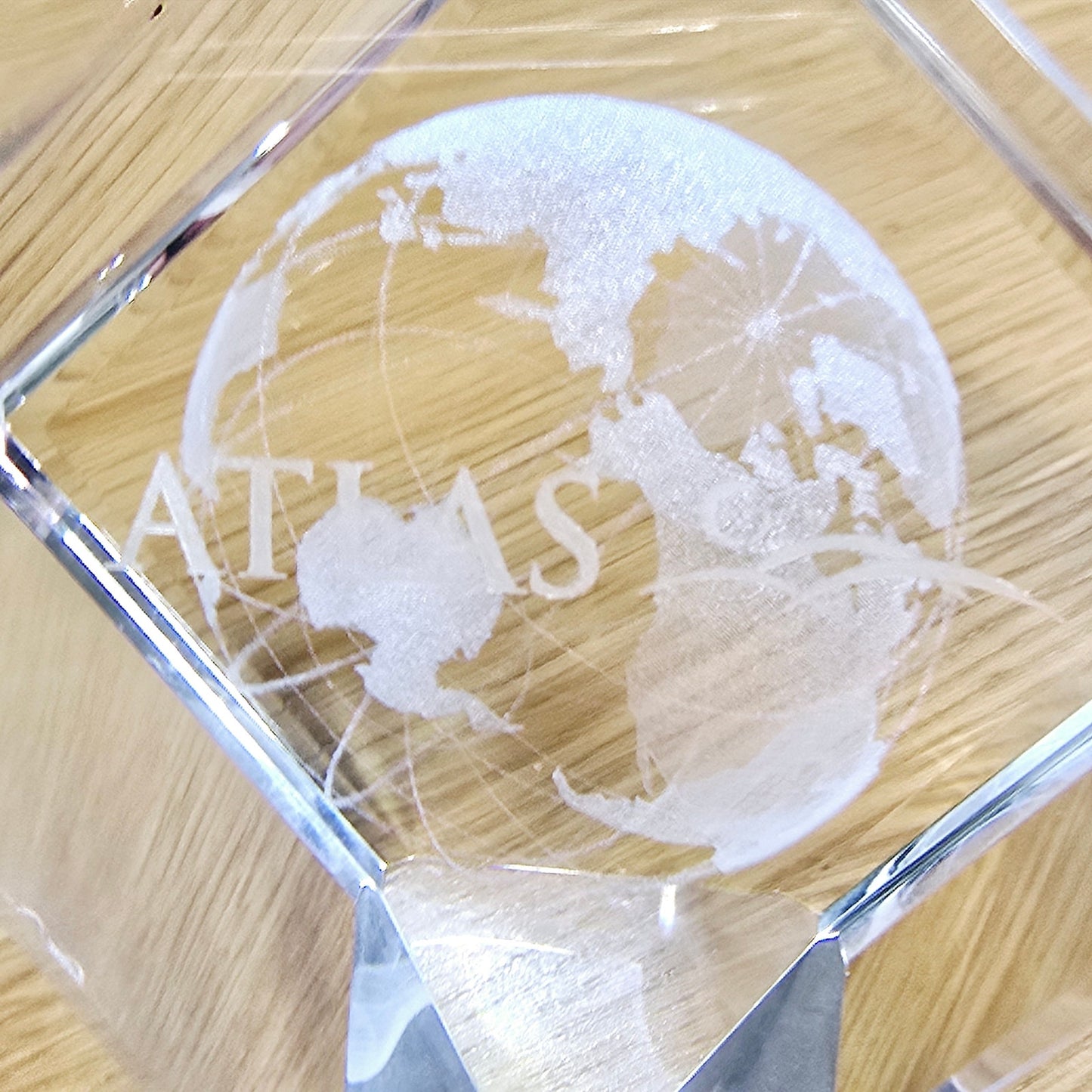 3D Laser Etched Globe Crystal Glass Cube Paperweight, Marked "Atlas"