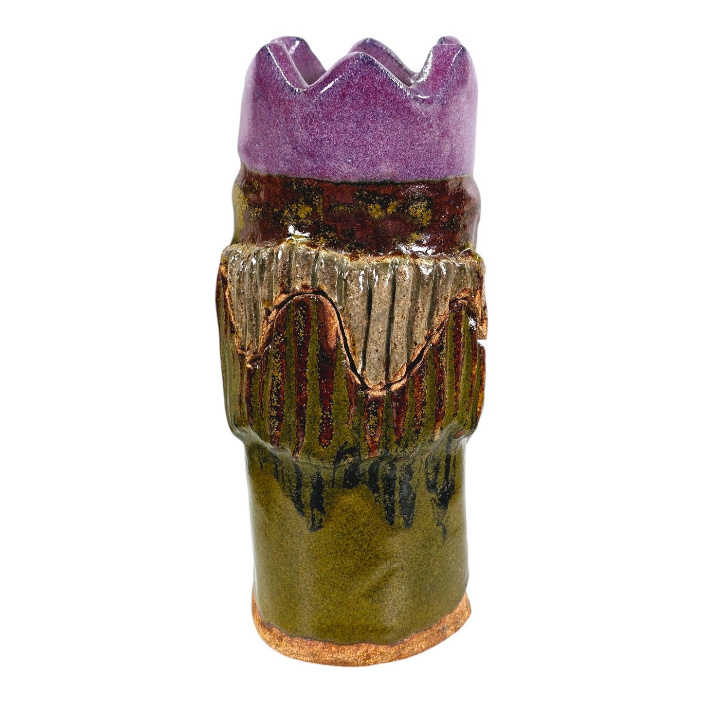 Studio Art 2 pc Heavy Pottery Odd Figure with Purple Crown, Removeable Lid and Votive Holder, 8.75" H