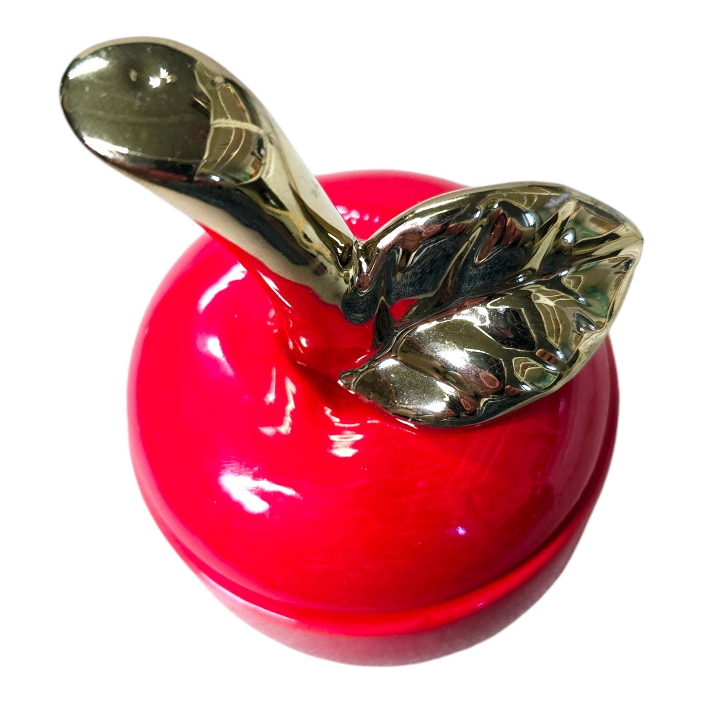 Vintage Red Apple Lidded Ceramic Trinket Box Gold Stem Leaf Glossy Farmhouse
