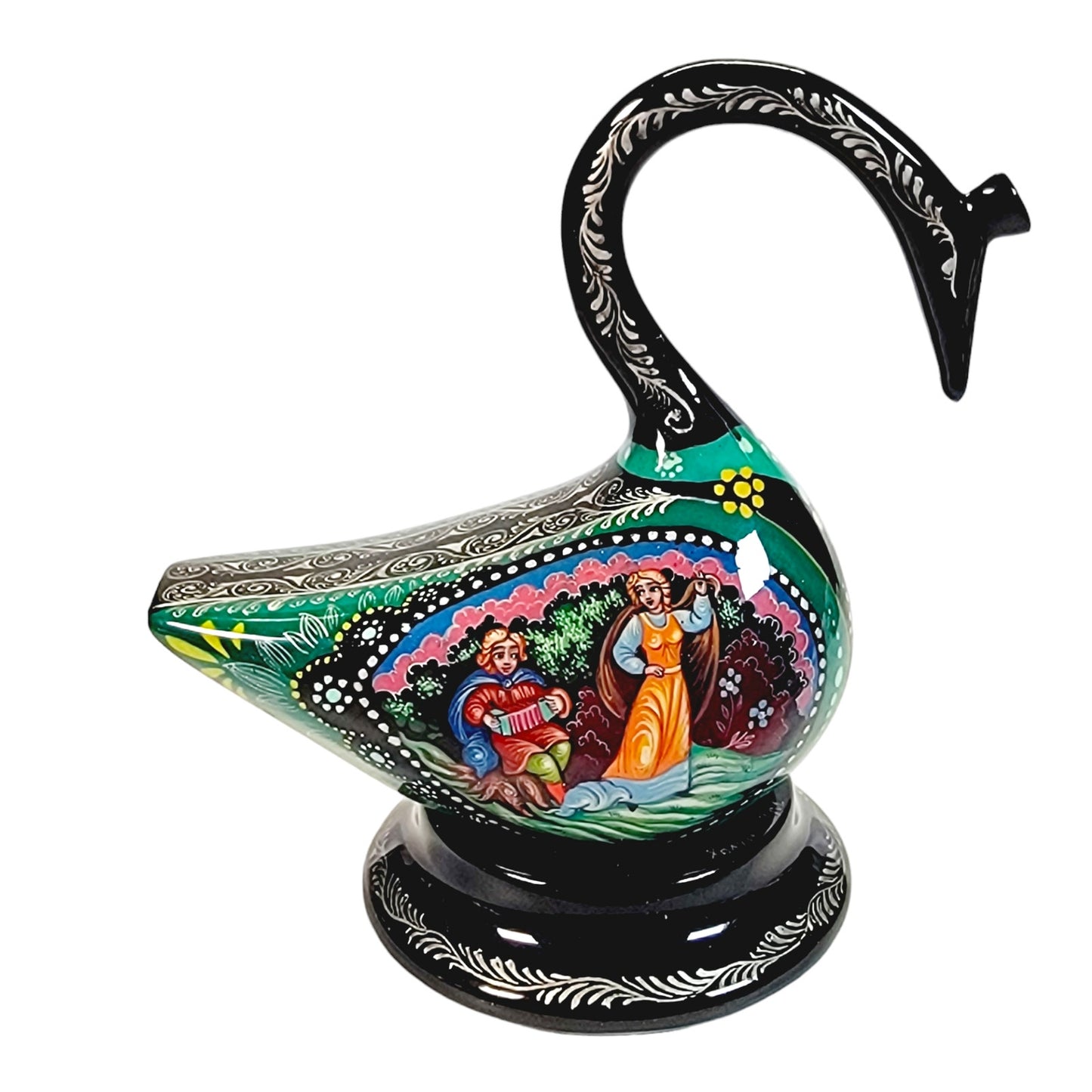 Signed Russian Decorative Lacquer Swan on Stand with Courting Couple