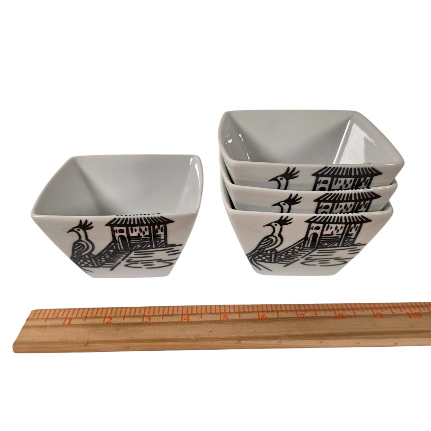 World Market Set of 4 Square Noodle Bowls Asian Pagoda Bird Japandi Boho Minimal