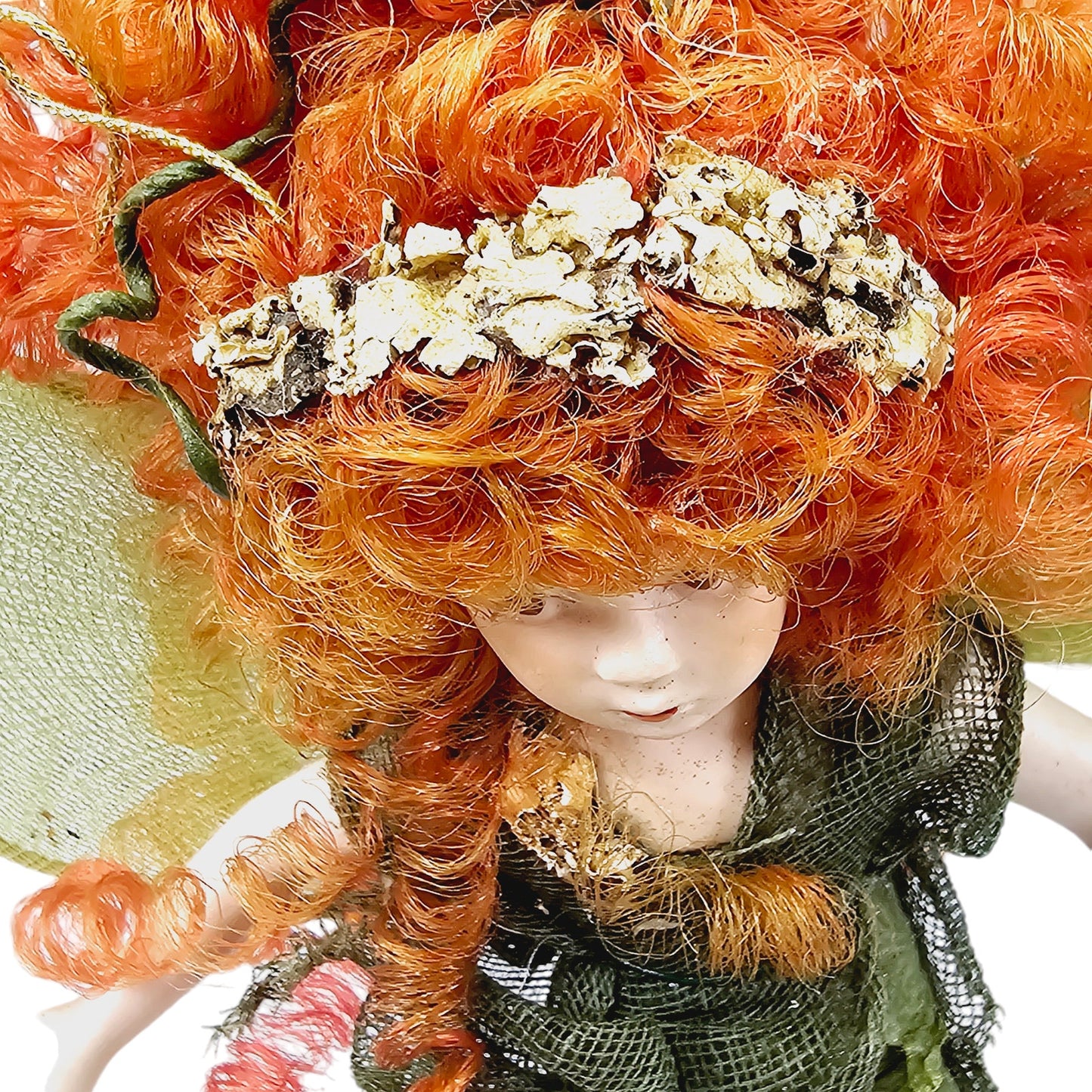 Vintage Porcelain Fairy Shelf Sitter, Green Fairy with Red Hair, 4" H