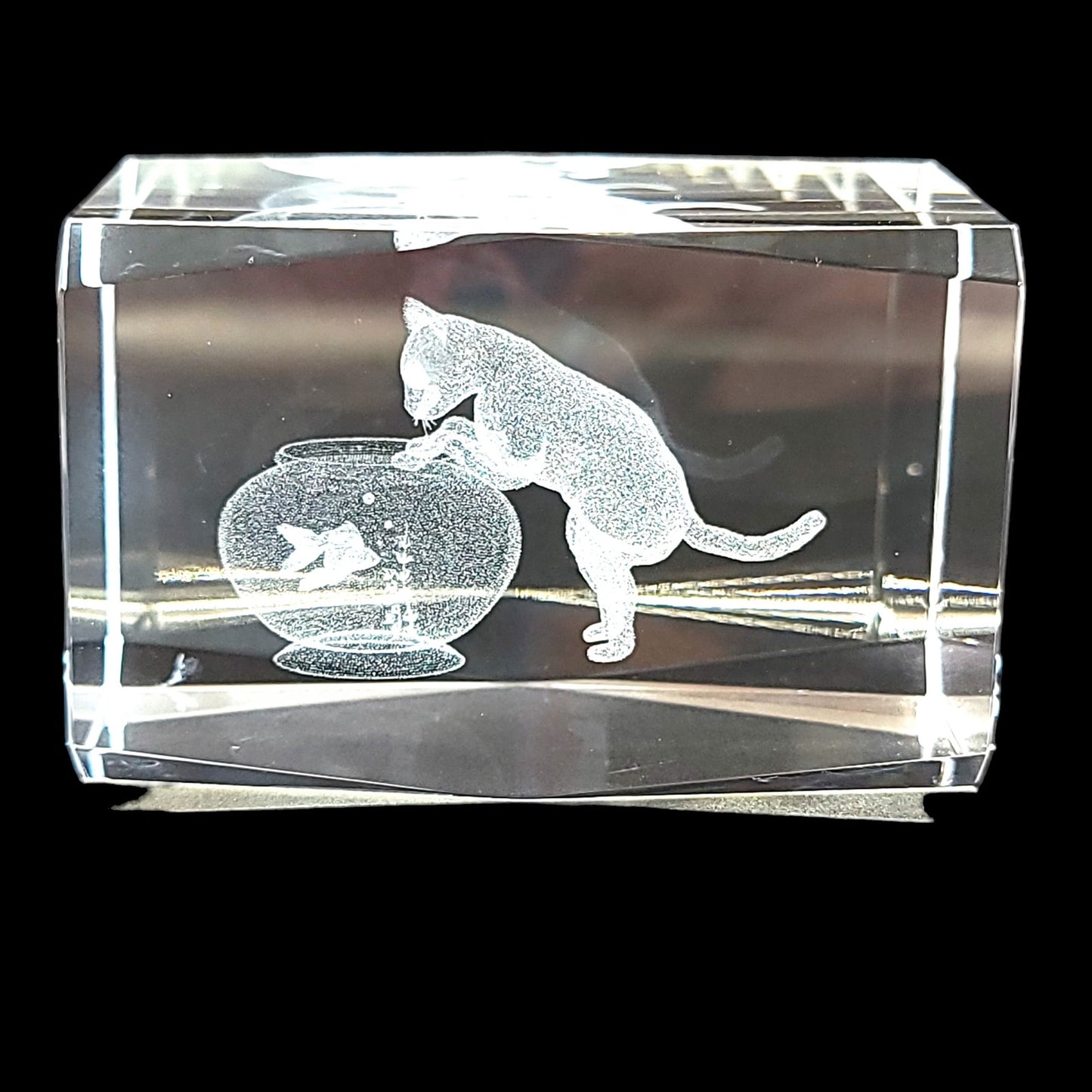 Cat Peering into Gold Fish Bowl 3D Laser Etched Crystal Paperweight in Box 3 x 2 x 2" Original Box