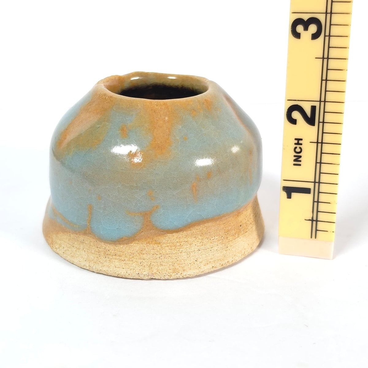 Handmade Student Pottery Mini Vase Blue Tan Copper Tone Interior Signed