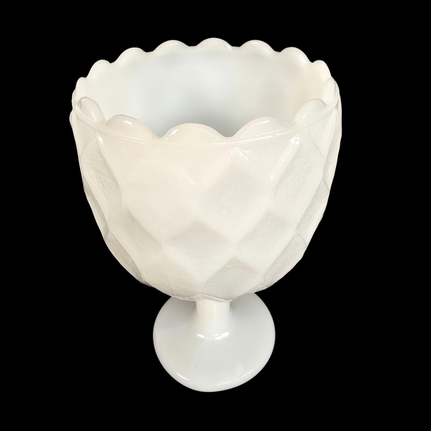 Vintage Milk Glass Pedestal Goblet Diamond Quilt Pattern Vase White Retro