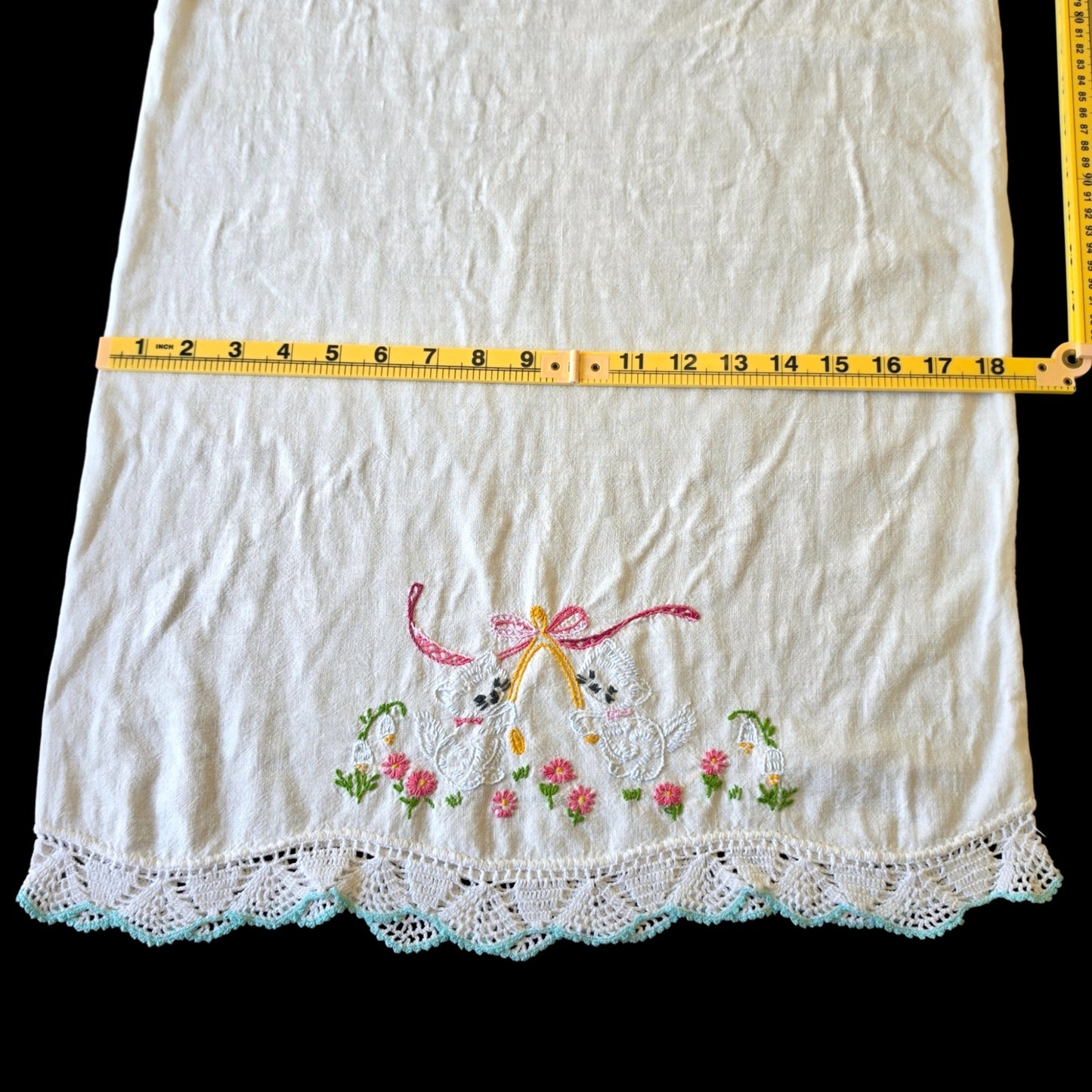 Vintage Embroidered Pillowcase Cats Wishbone Blue Lace Trim Pink Bow