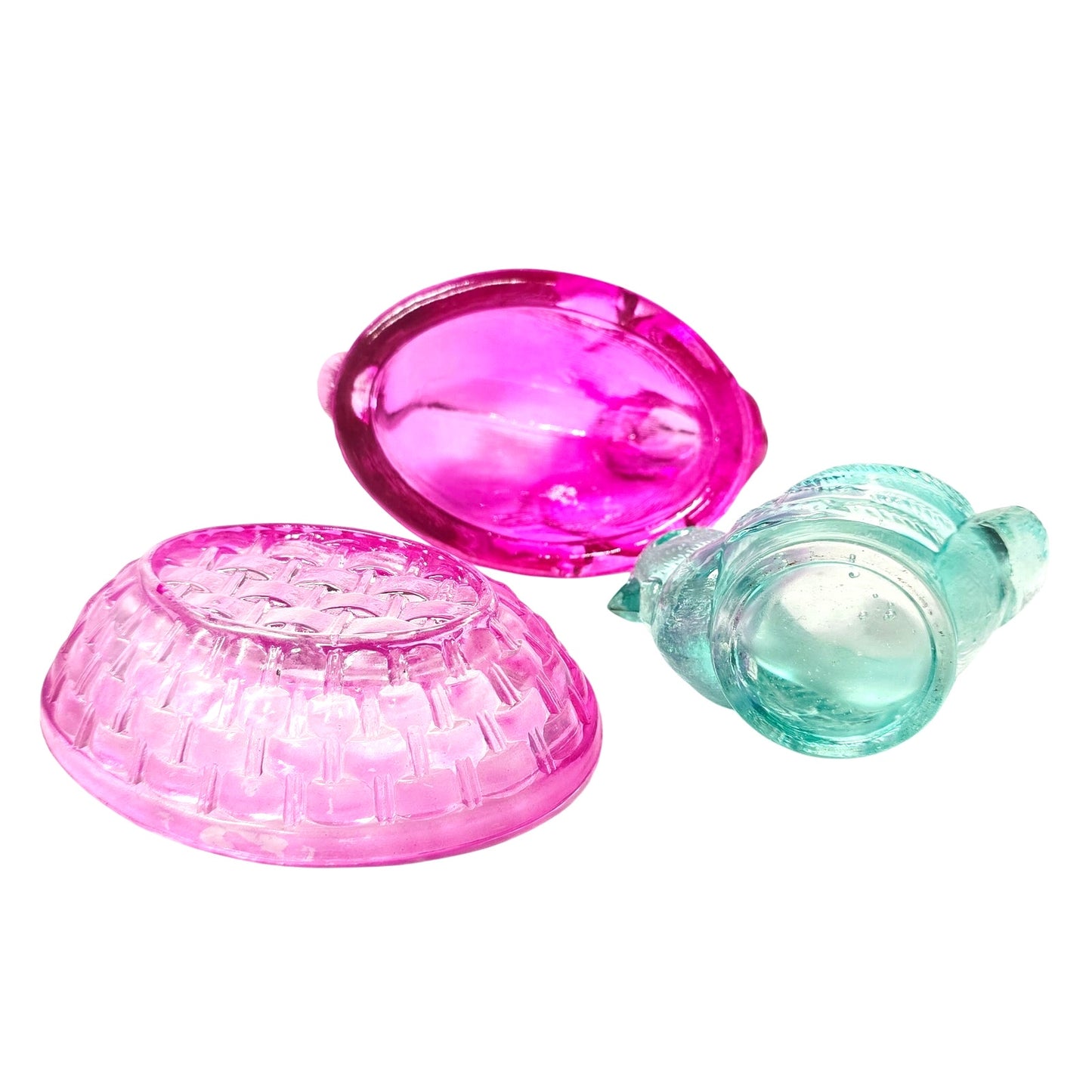 Fuchsia Pink Glass Bunny on Nest & Turquoise Blue Chicken Tealight Egg Holder