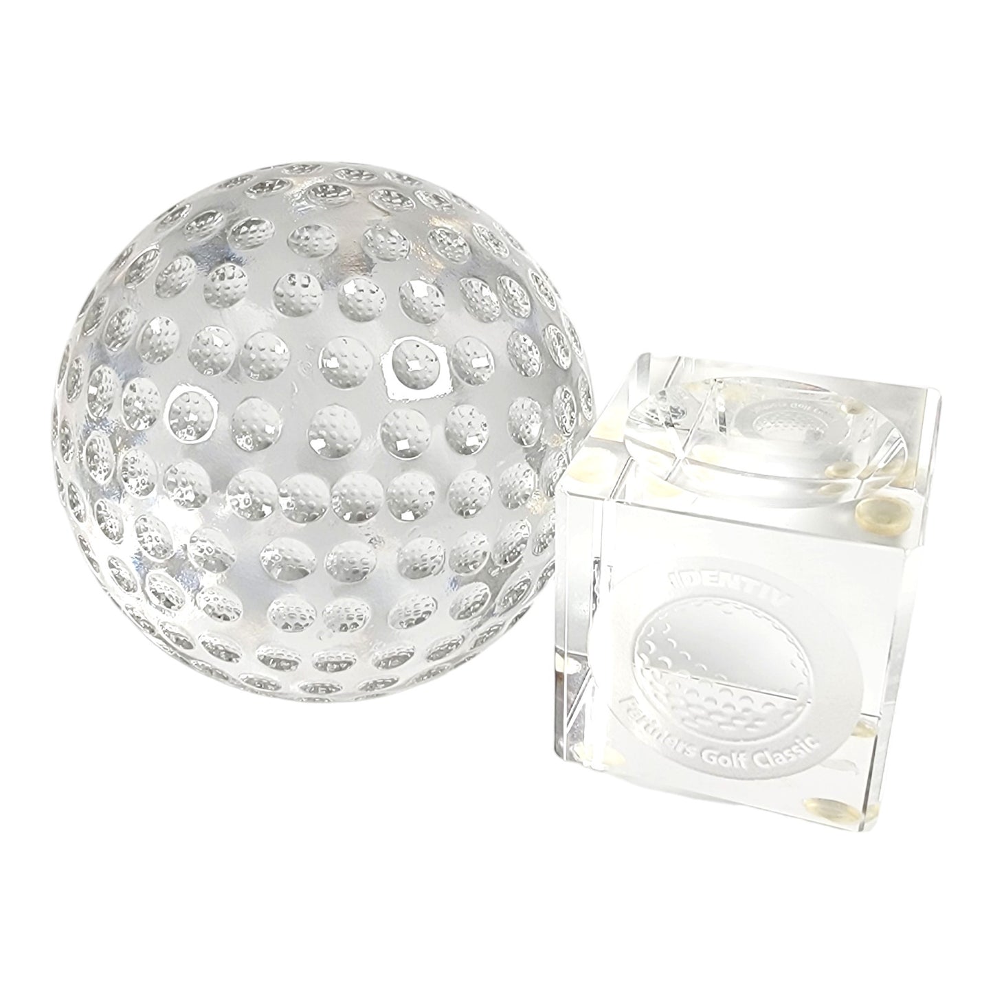 Solid Glass Golf Ball Paperweight on Stand, Identity Partners Golf Classic