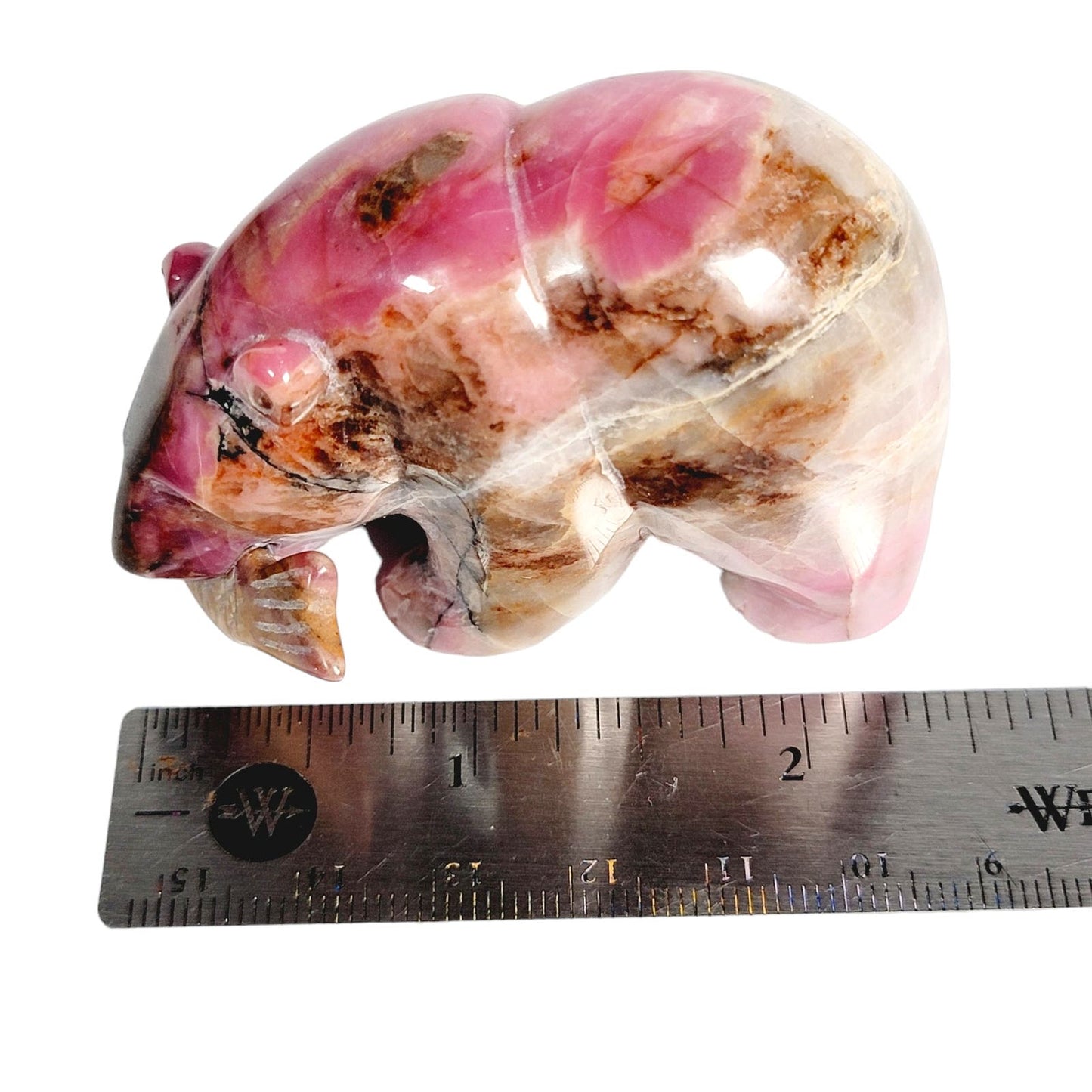 Hand Carved Stone Rhodonite Bear with Fish