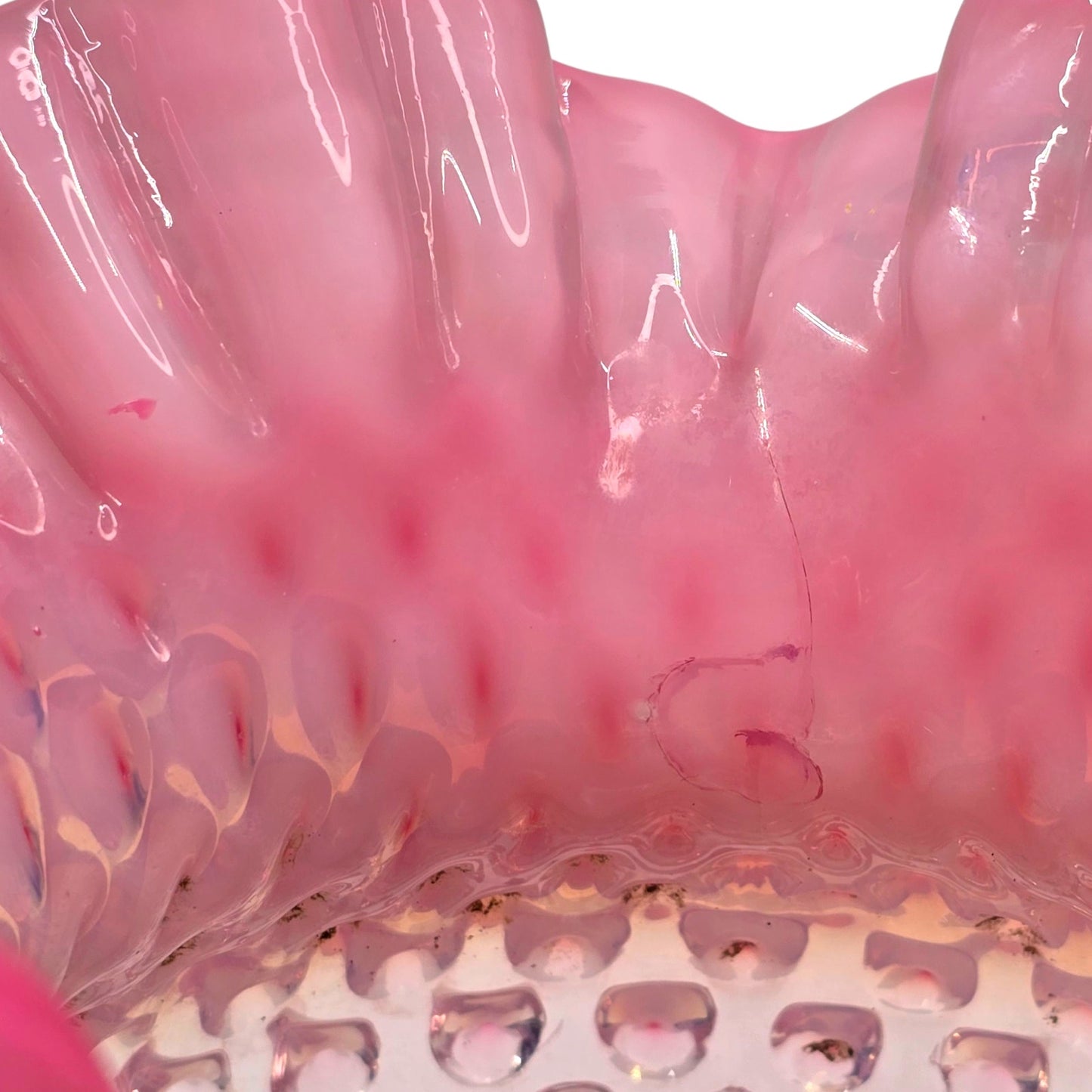 AS IS Fenton Cranberry Rose Opalescent Hobnail Ruffled Vase Uranium Reactive