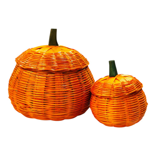 Set of 2 Woven Pumpkin Basket Containers with Lids Fall Farmhouse Halloween Nesting