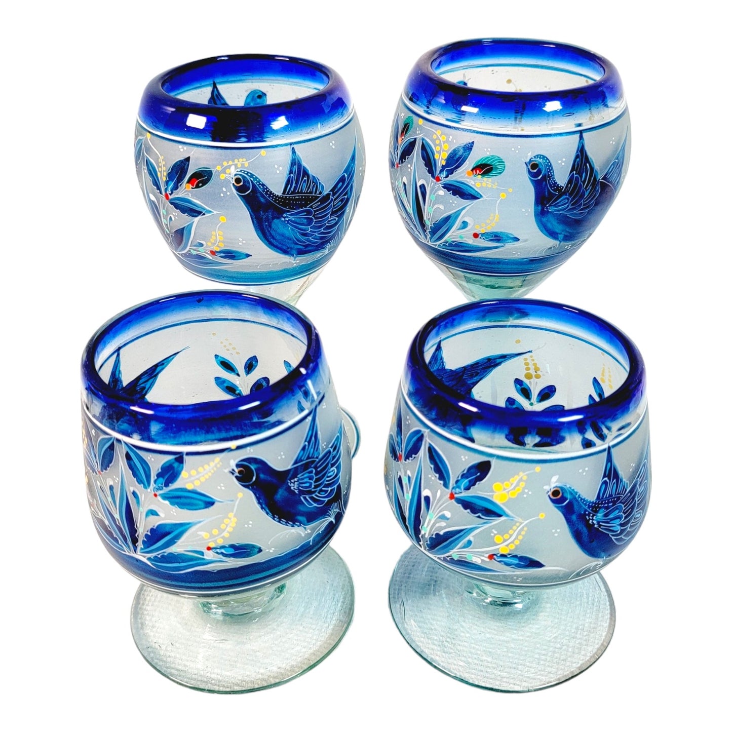 Set of 4 El Palomar Hand-Blown Hand-Painted Dove Bird Wine Glasses Cobalt Blue Rims