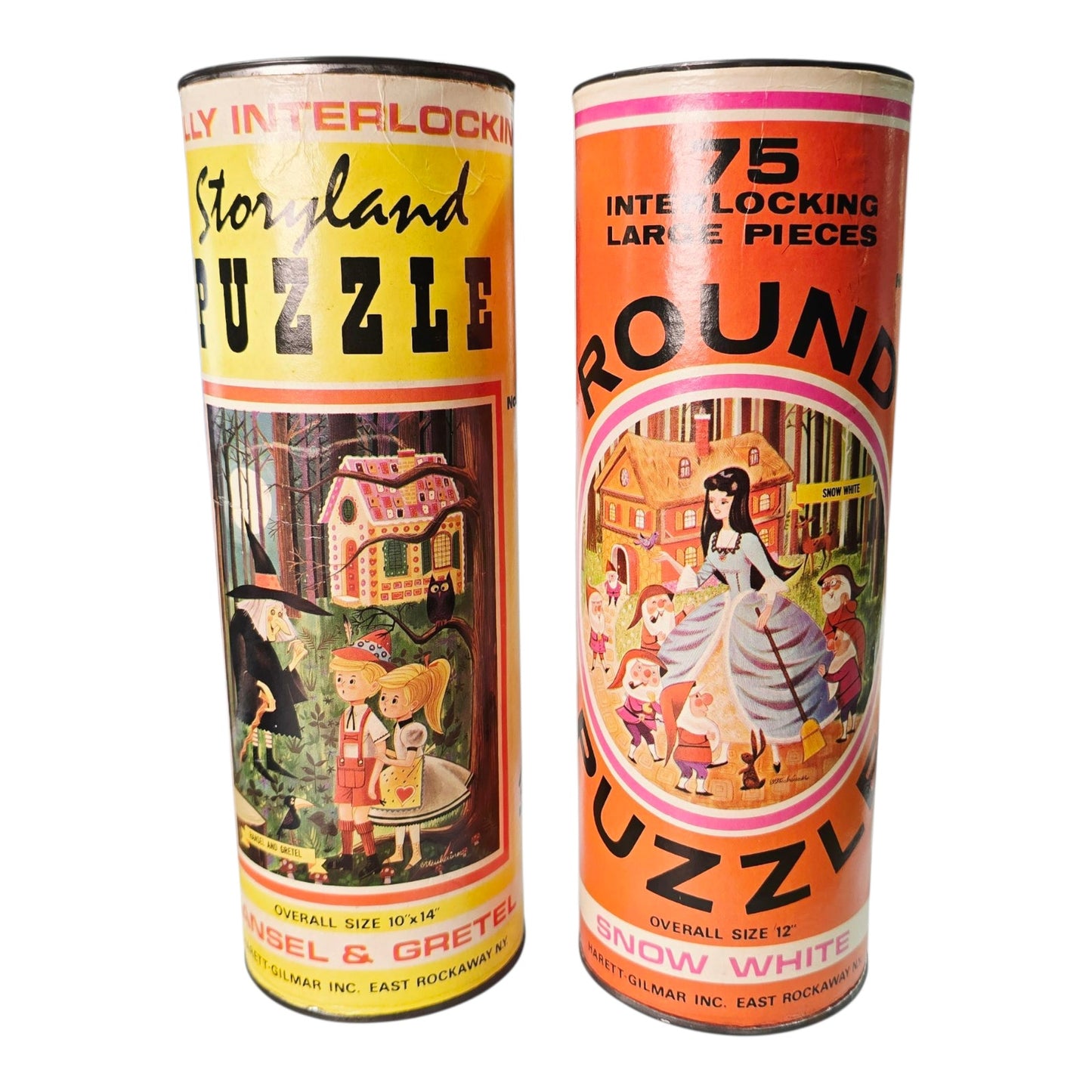 Vintage H-G Toys Tin Puzzle Cannisters EMPTY, Snow White and Hansel & Gretel