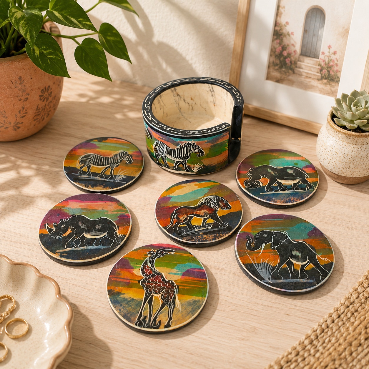 Vintage Serengeti Sunset Soapstone Coasters African Wildlife Holder Set