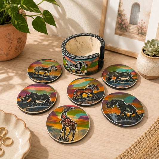 Vintage Serengeti Sunset Soapstone Coasters African Wildlife Holder Set