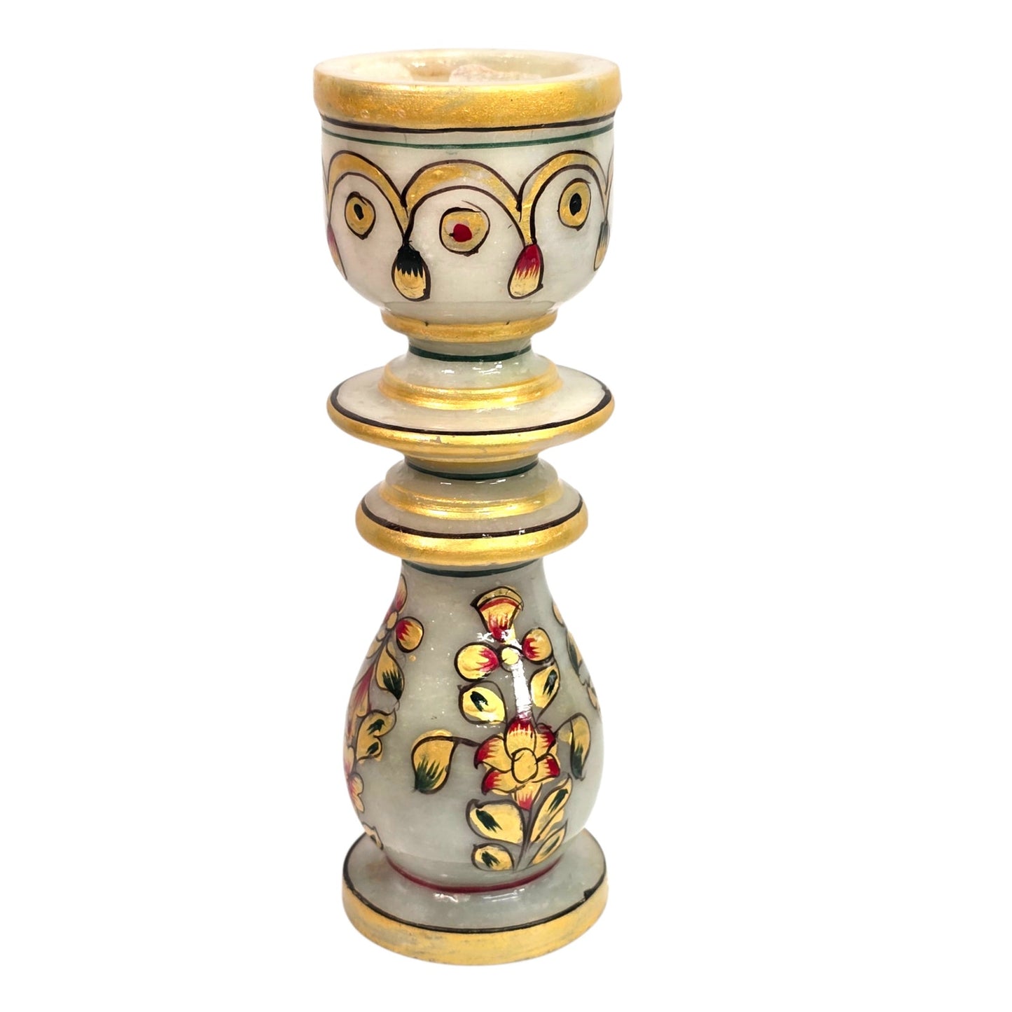 Vintage Indian Meenakari Marble Candle Holder Hand Painted Gold Accents 6"