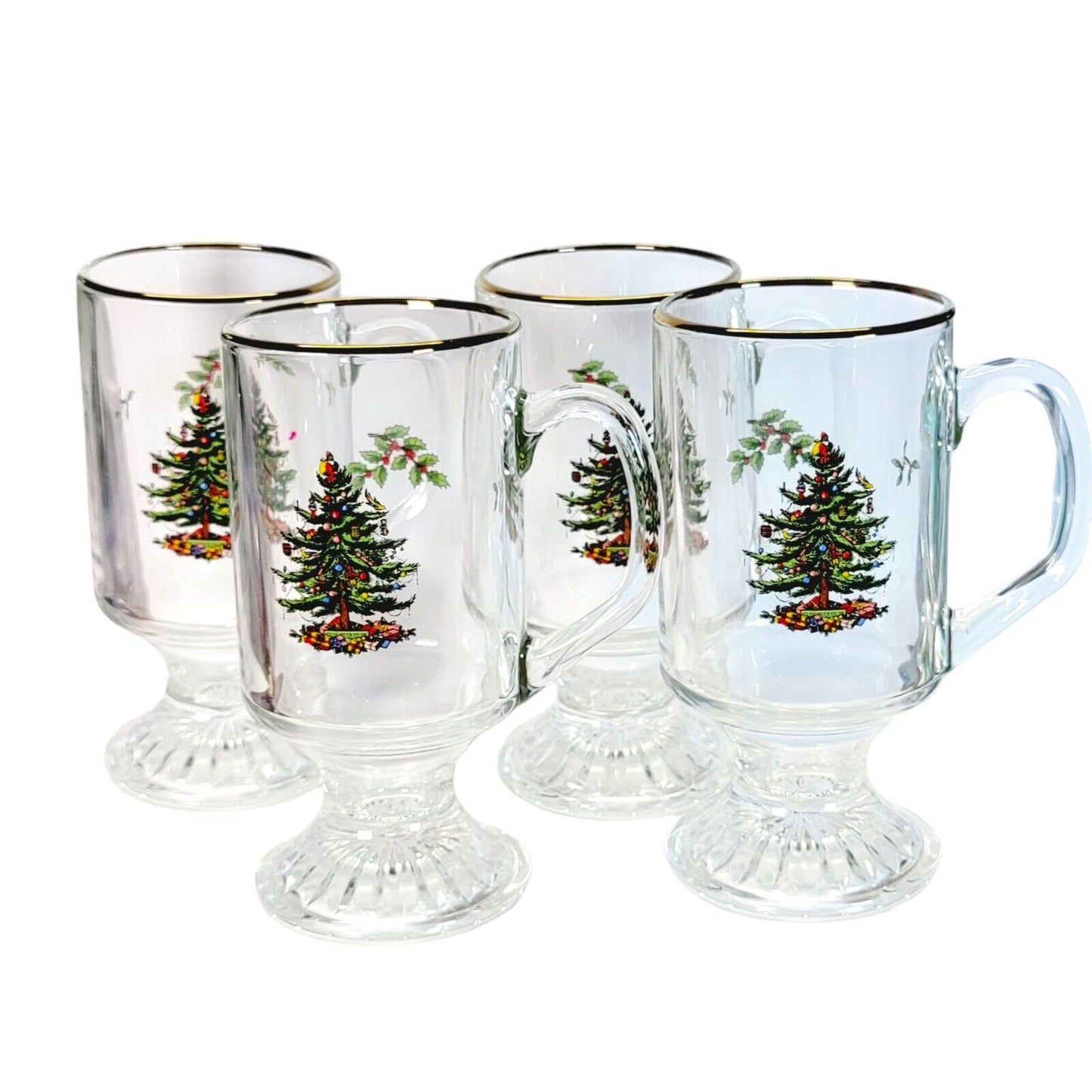 Set of 4 Vintage Spode Christmas Tree Mugs, Spode Irish Coffee Mugs, Gold Rim