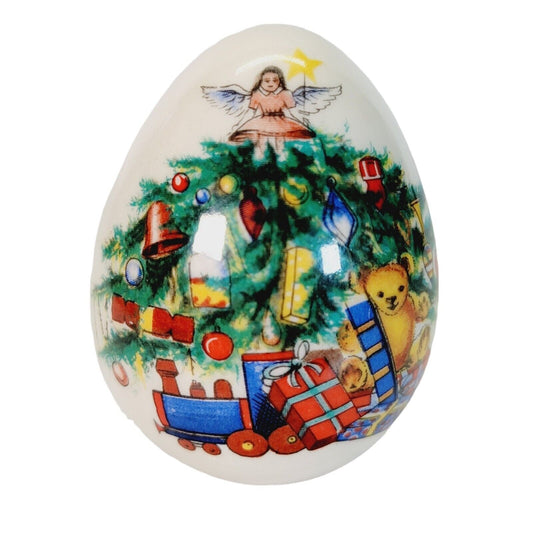 Ceramic Egg Figurine Christmas Tree with Angel , Train, Bear, Presents 2.5" H