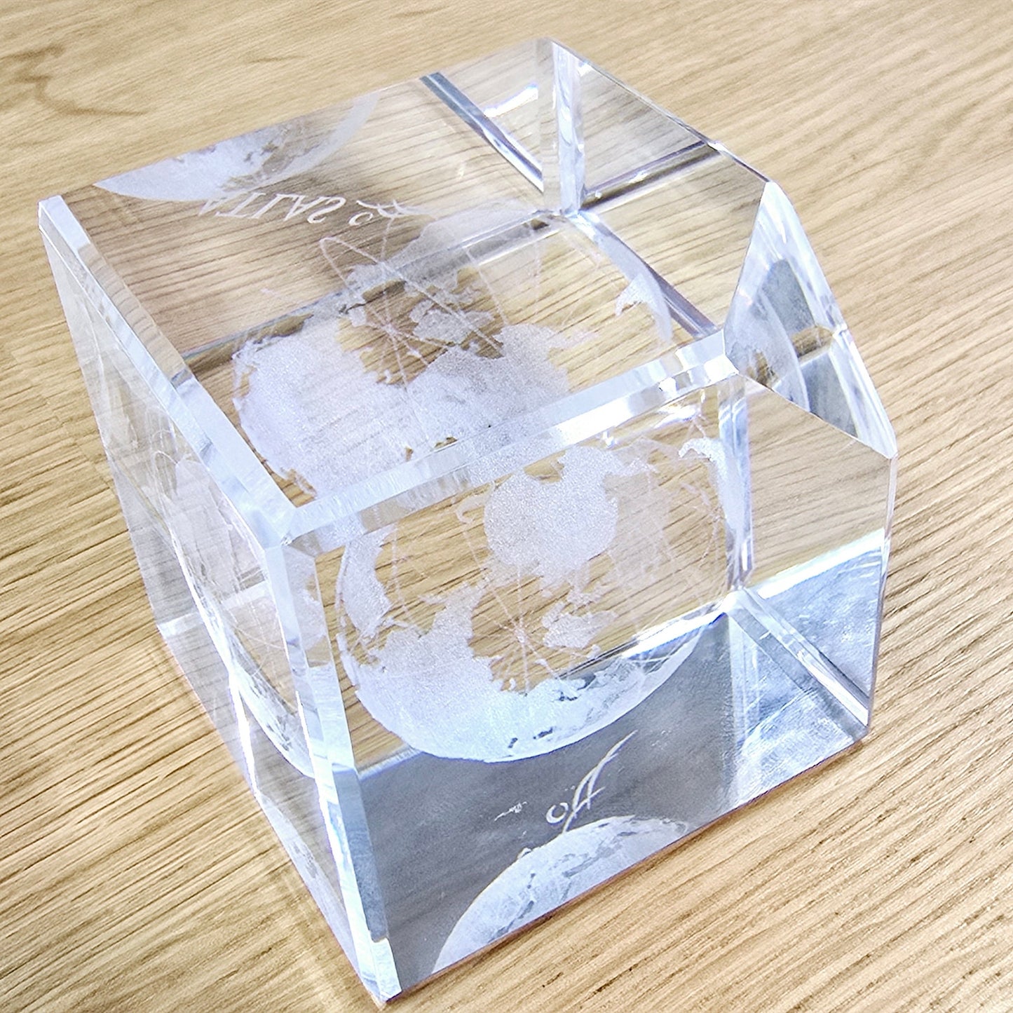 3D Laser Etched Globe Crystal Glass Cube Paperweight, Marked "Atlas"