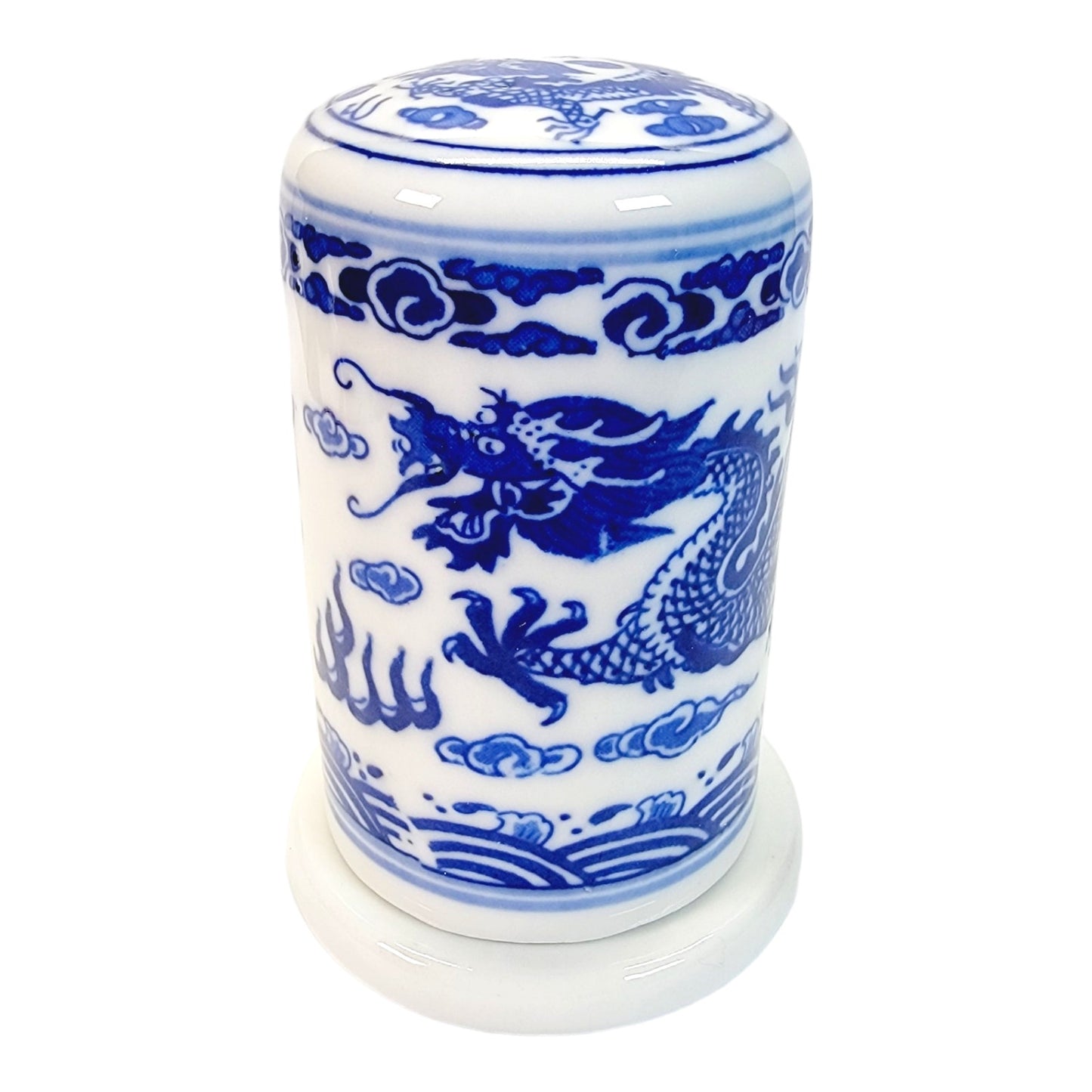 Unique Covered Toothpick Holder with Lid, Blue and White Dragon