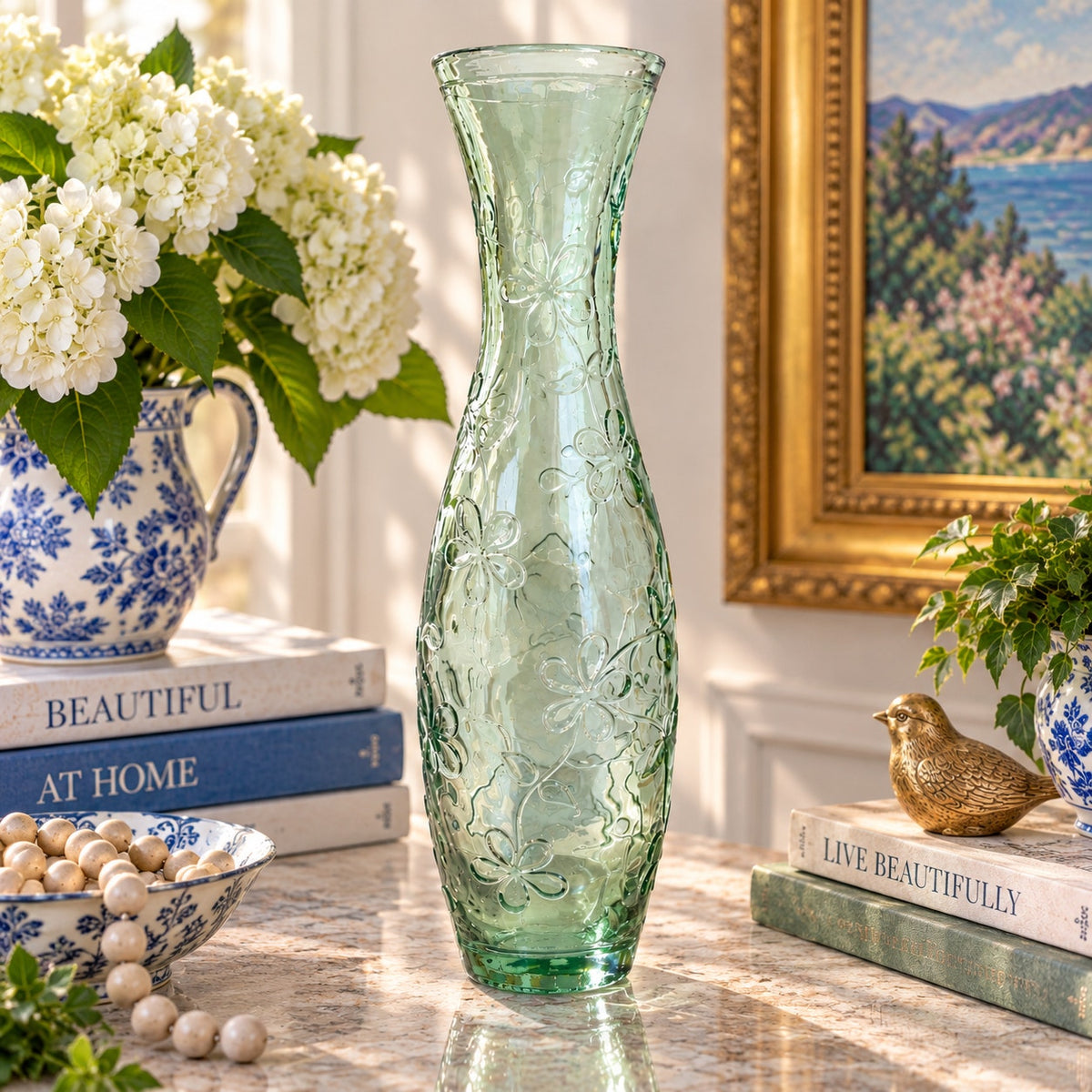 Vintage 1990s Green Recycled Glass Vase Embossed Floral Daisy 15.75" Tall