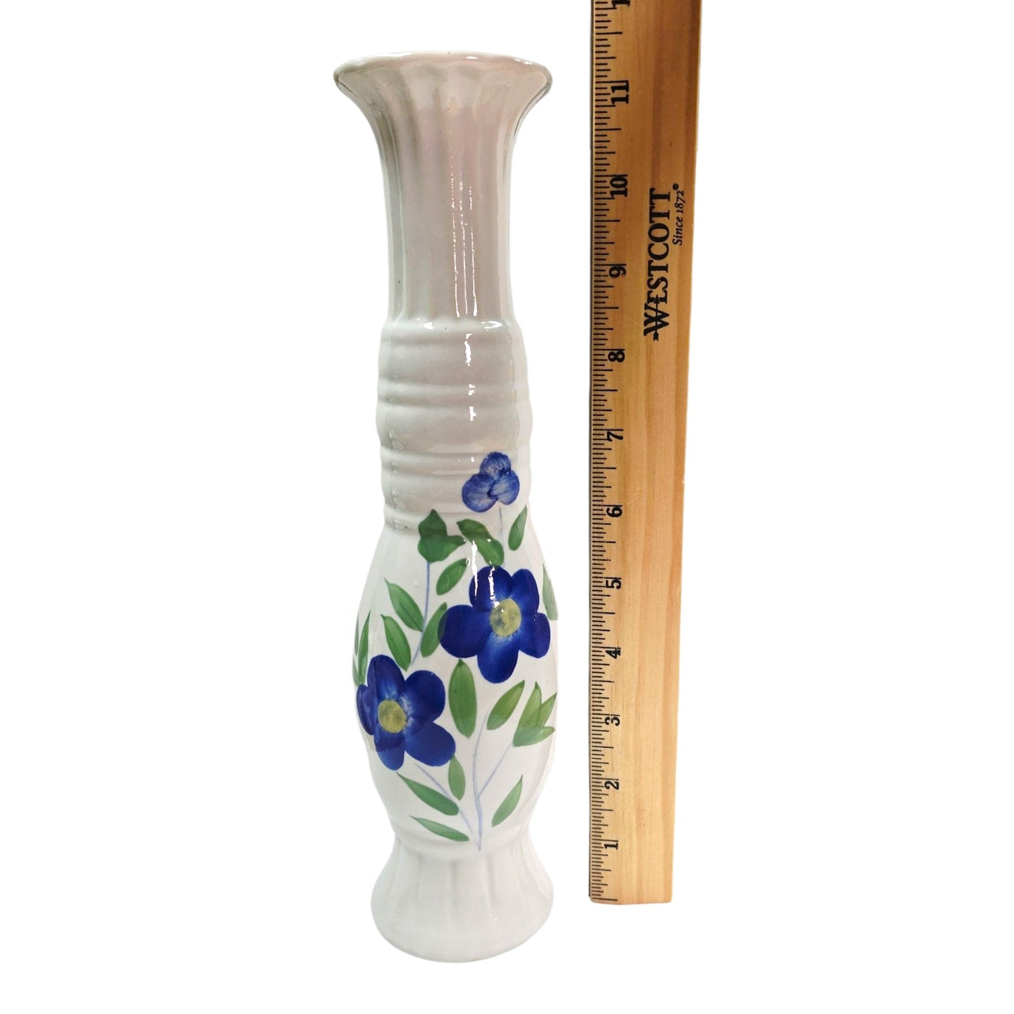 Vtg Stoneware Blue & Green Floral Vase Grecian Tall Vase 11"