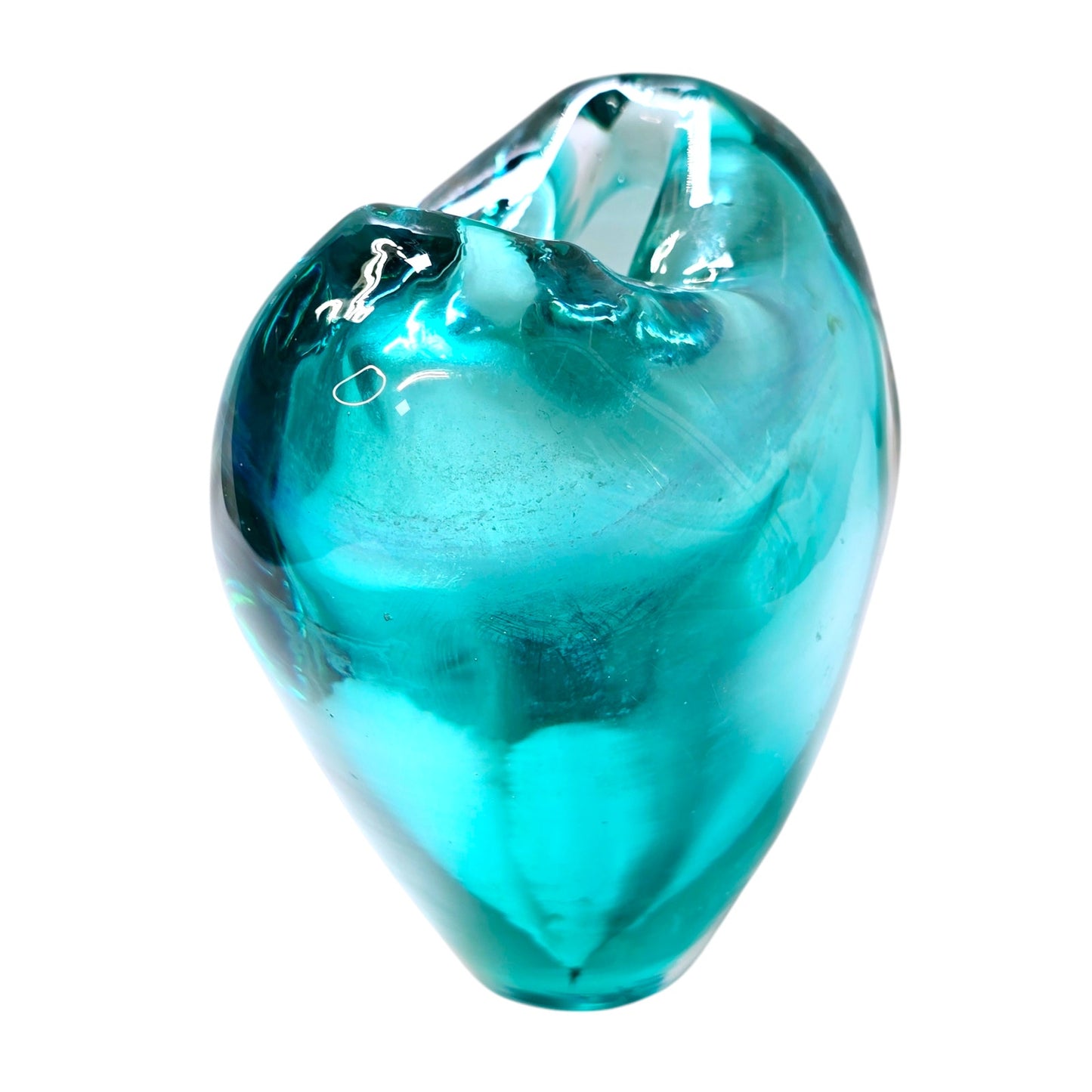 Vintage Hand Blown Green Art Glass Heart Shaped Pinch Vase