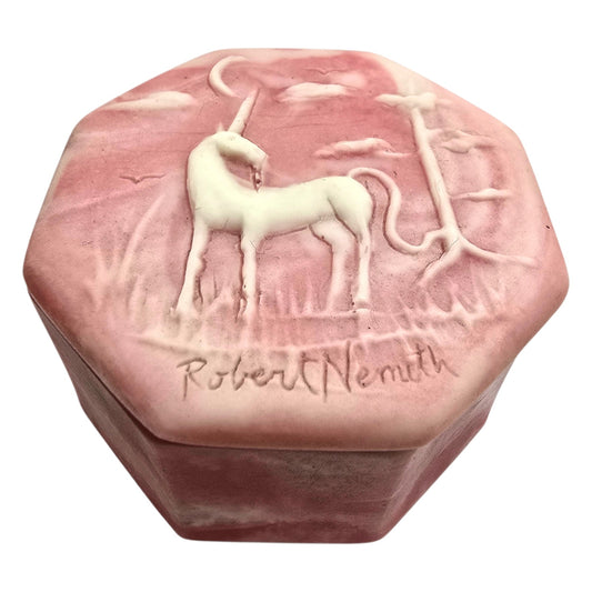 Robert Nemith Signed Incolay Stone Unicorn Trinket Box Relief Carved Mythical