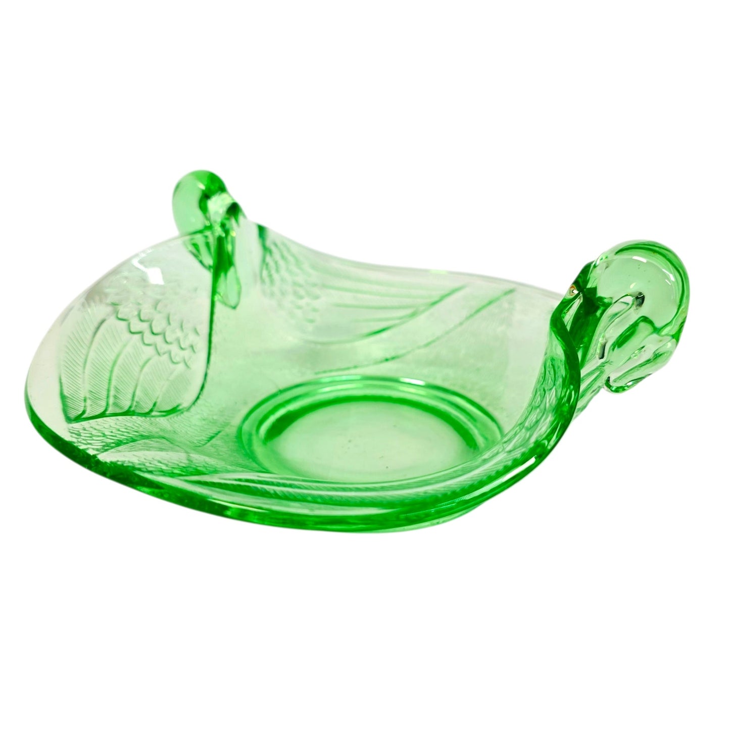 Fenton Dugan Uranium Glass Seagull Dish Swan Double Handle Green Glow Vintage