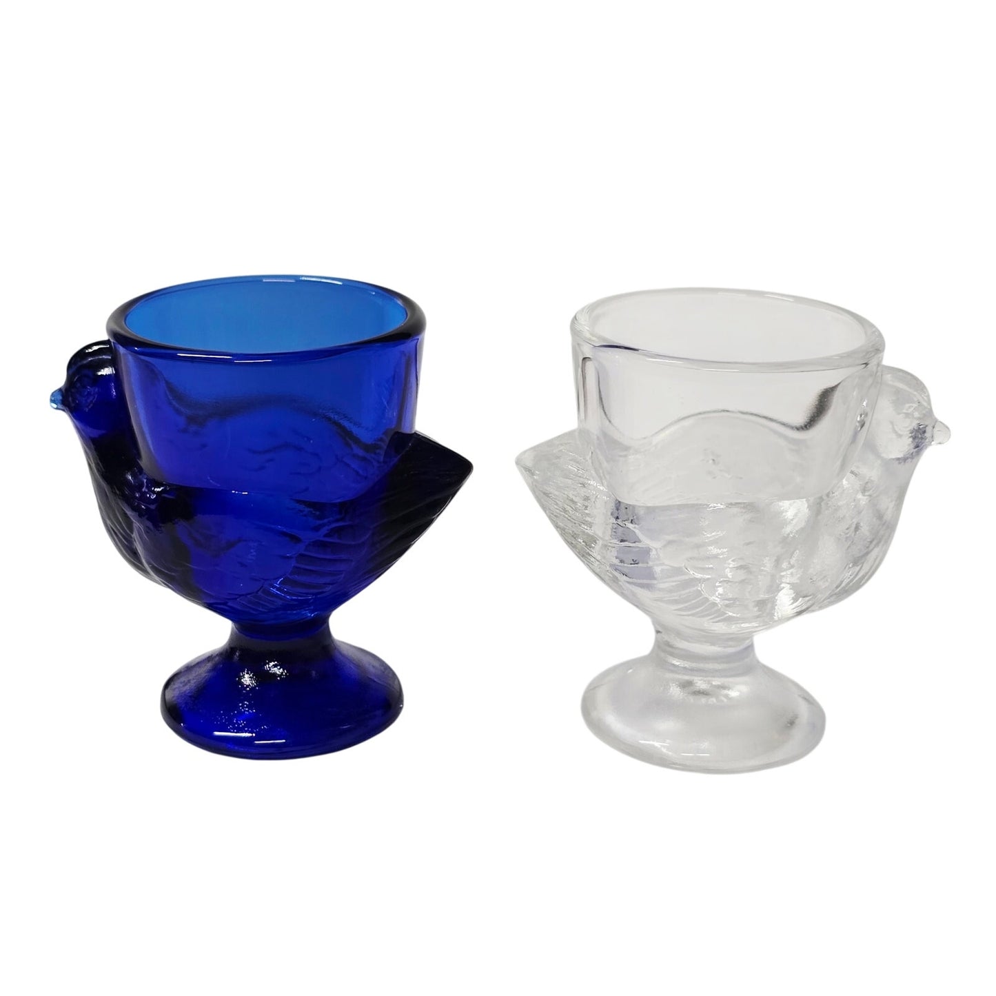 Vintage French Glass Chicken Egg Cups Set of 2 Cobalt Blue & Clear Marked France