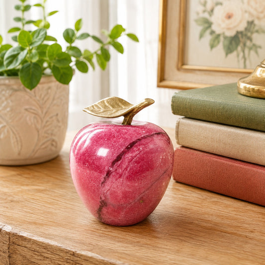 Vintage Red Marble Apple Paperweight Brass Leaf Stem Desk Decor Farmhouse Office