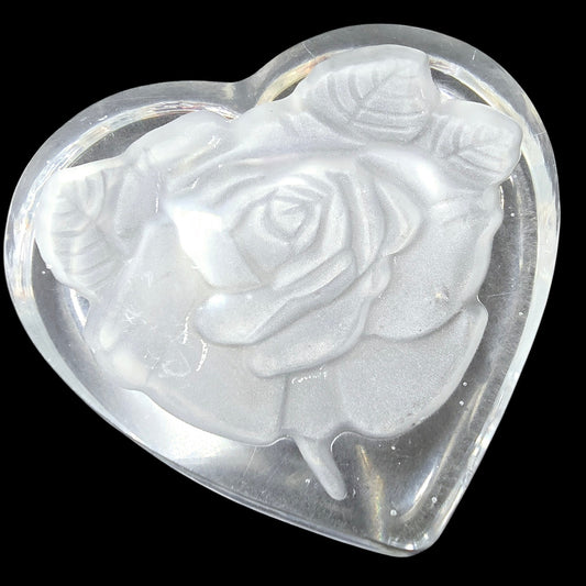 Crystal Etched Rose Heart Glass Paperweight 4" W
