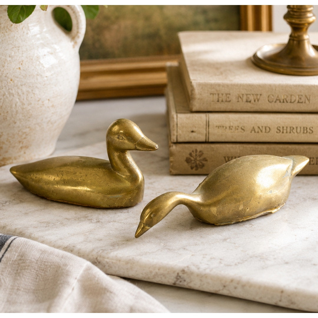 Vintage Solid Brass Duck & Goose Figurines Pair Miniature Waterfowl Birds