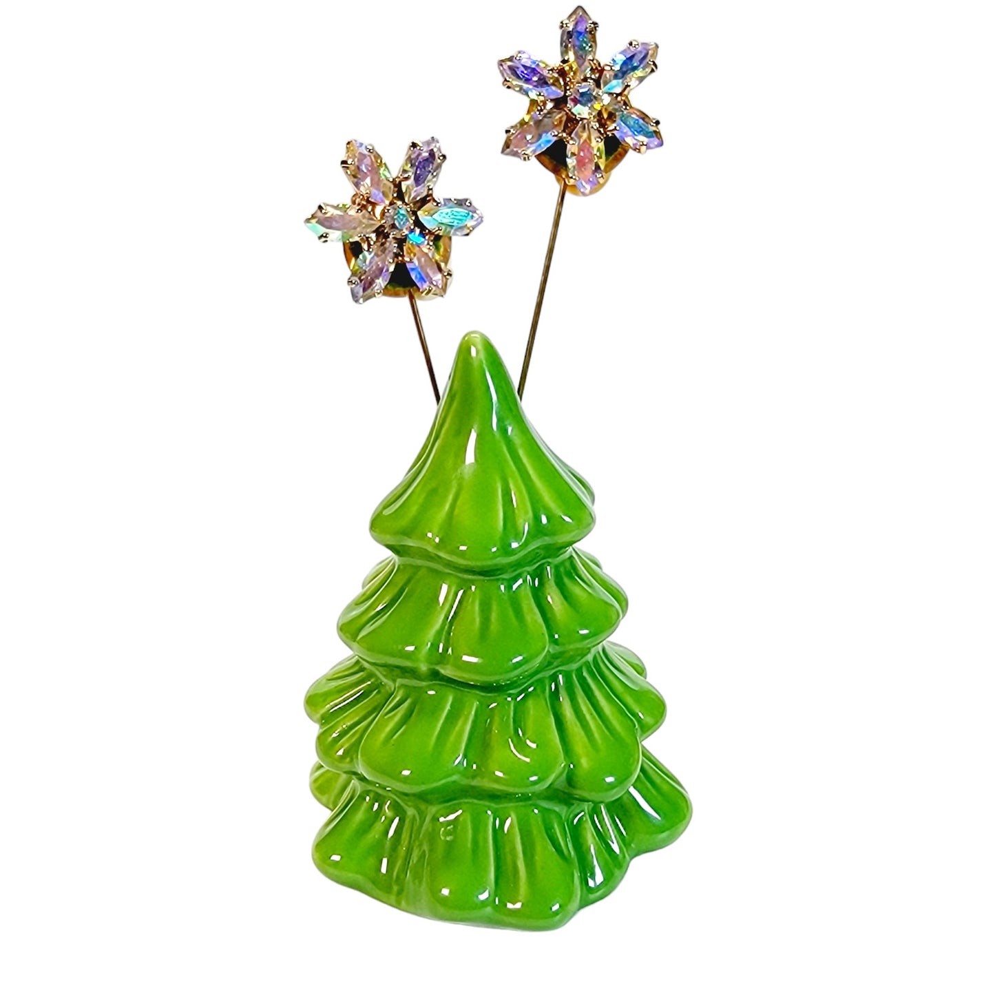 Christmas Tree Shaker Display with 2 Display Pins holding a Vintage Earring Set