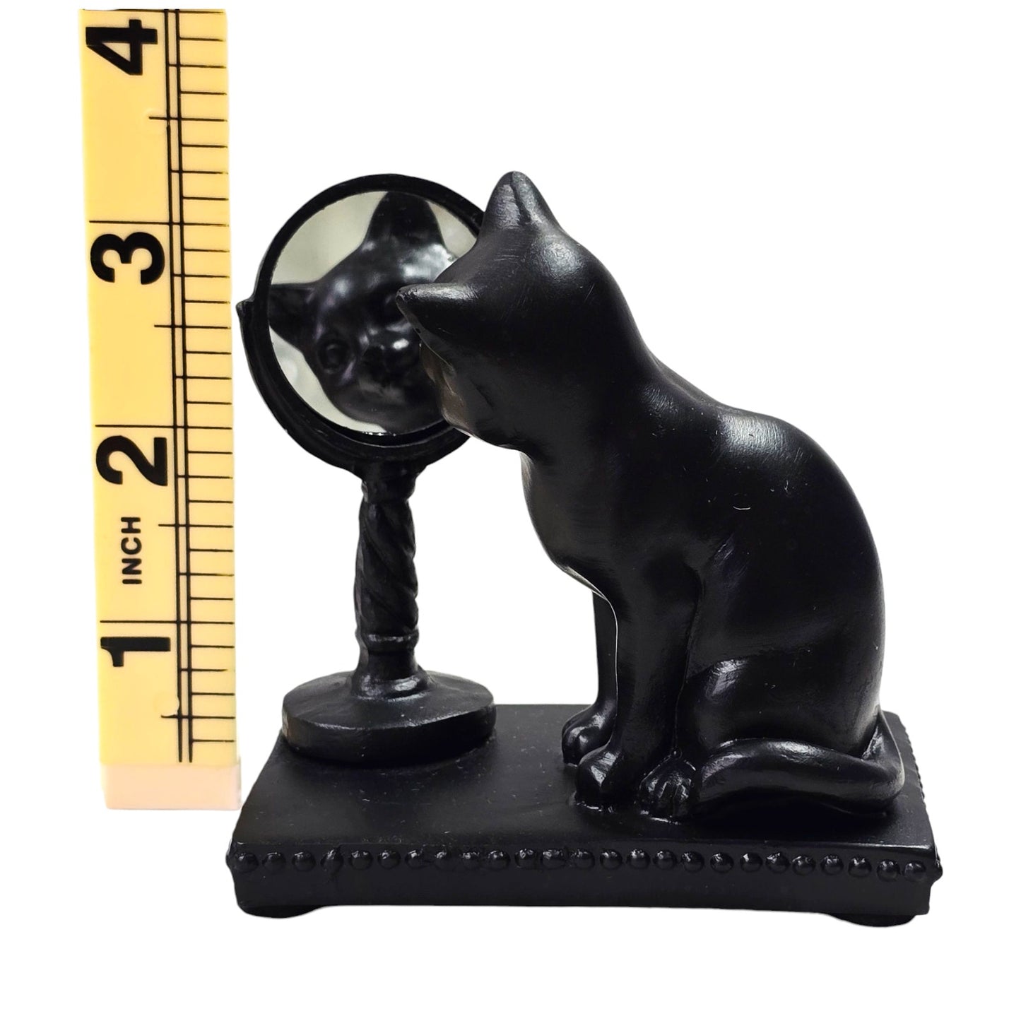 Vtg Black Cat Figurine looking in Vanity Mirror Resin 3.25" Cat Lover Gift Decor