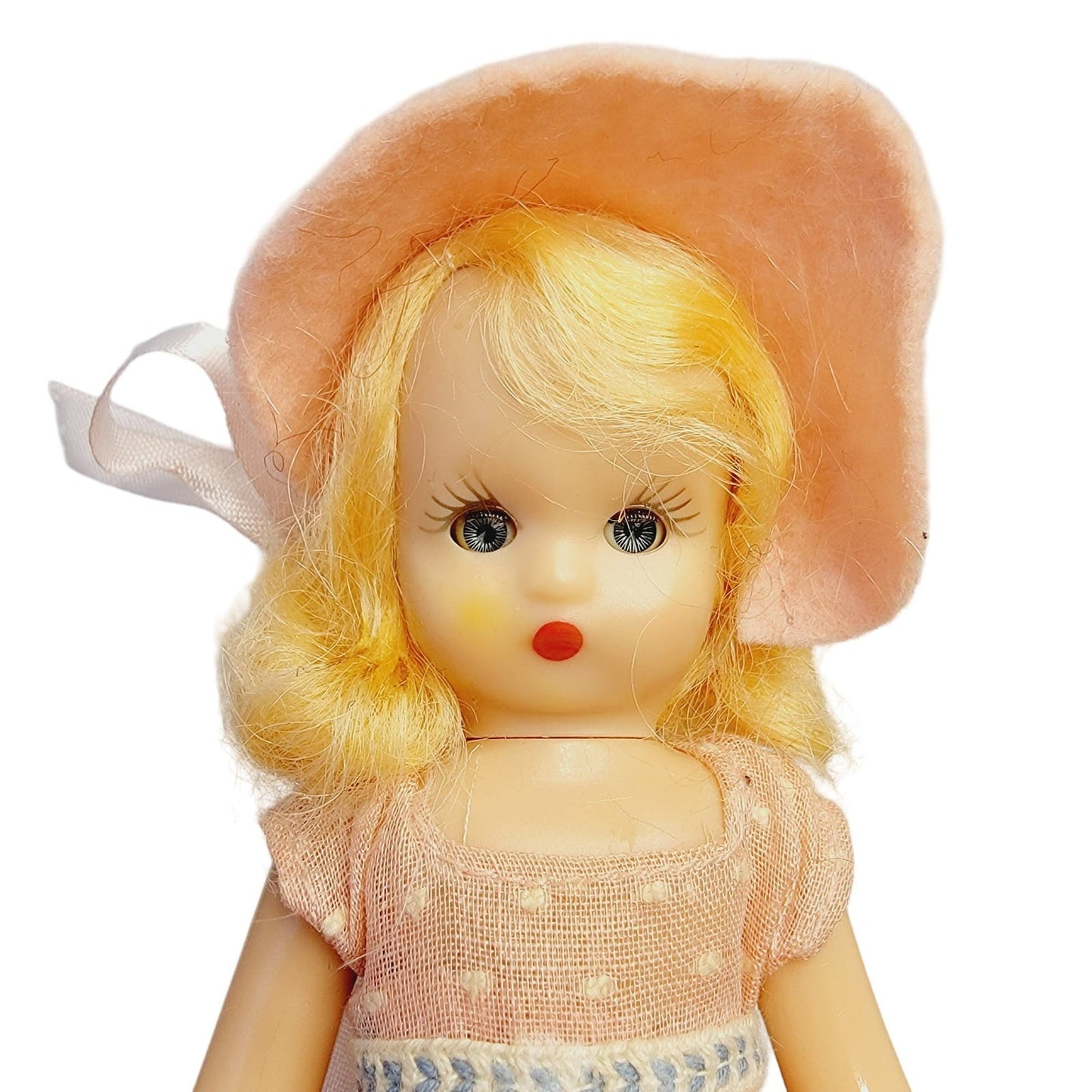 Vintage Nancy Ann 1950's Storybook Doll 5.75" Blonde Blue Eyes Pink Dress Blue Trim