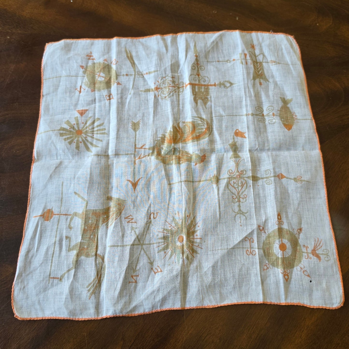Vintage Weather Vane Handkerchief Rooster Horse Fish Retro Yellow Hanky