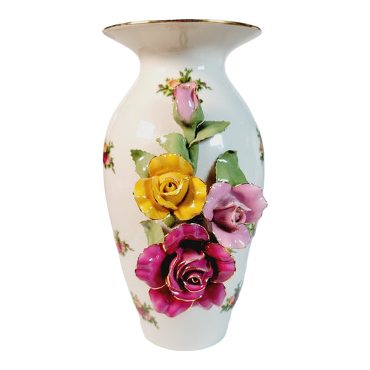 AS IS Royal Albert "Old Country Roses" Sculpted Flower Vase, Small Chips: Rim, Flowers 9.5" FLAW