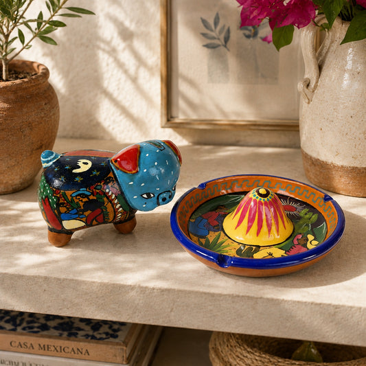 Vtg Mexican Folk Art Piggy Bank & Sombrero Ashtray / Trinket Dish Tonala Pottery