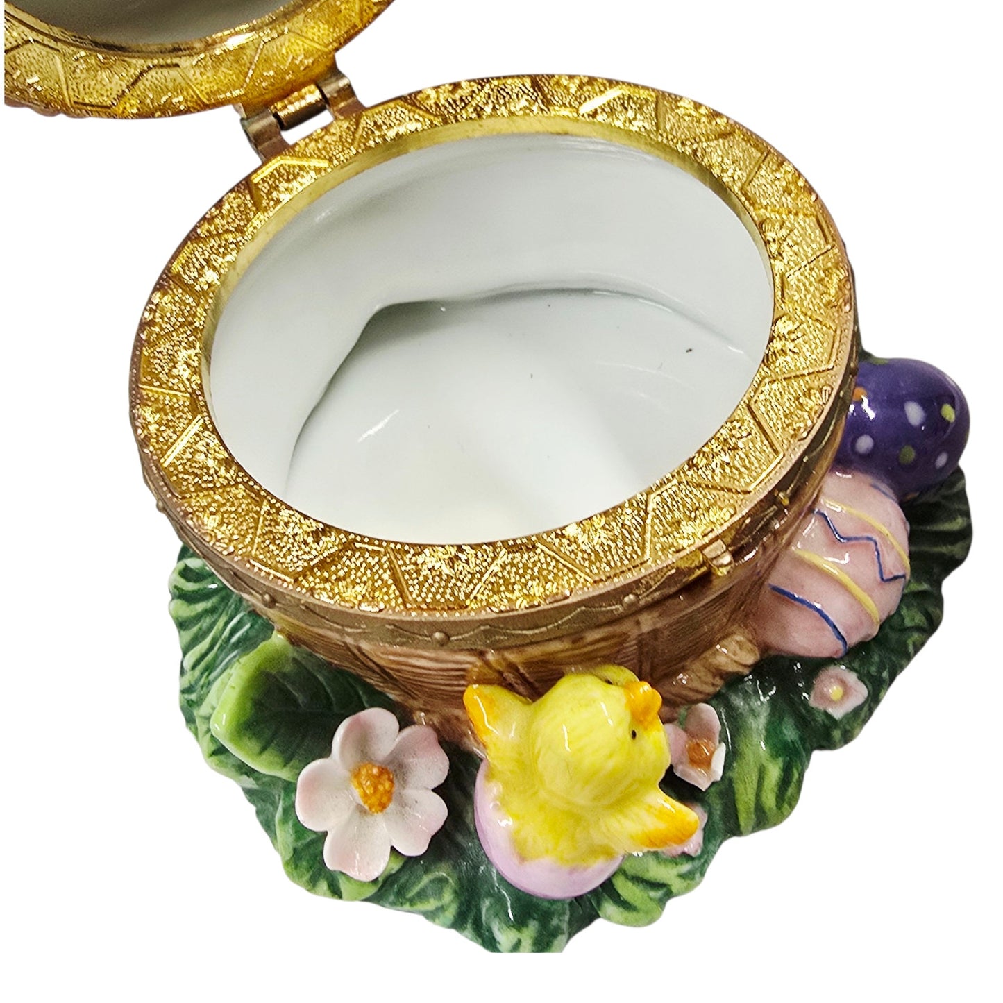 Large Hinged Ceramic Easter Basket Trinket Box Floral Chicks & Eggs Spring Decor