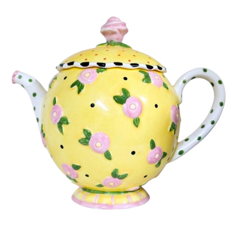 AS IS VTG 1997 ME Mary Engelbreit Ceramic Teapot, Yellow Pink Flower 8”, Flaw