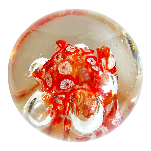 Hand Blown Glass Paperweight Red White with Control Bubbles