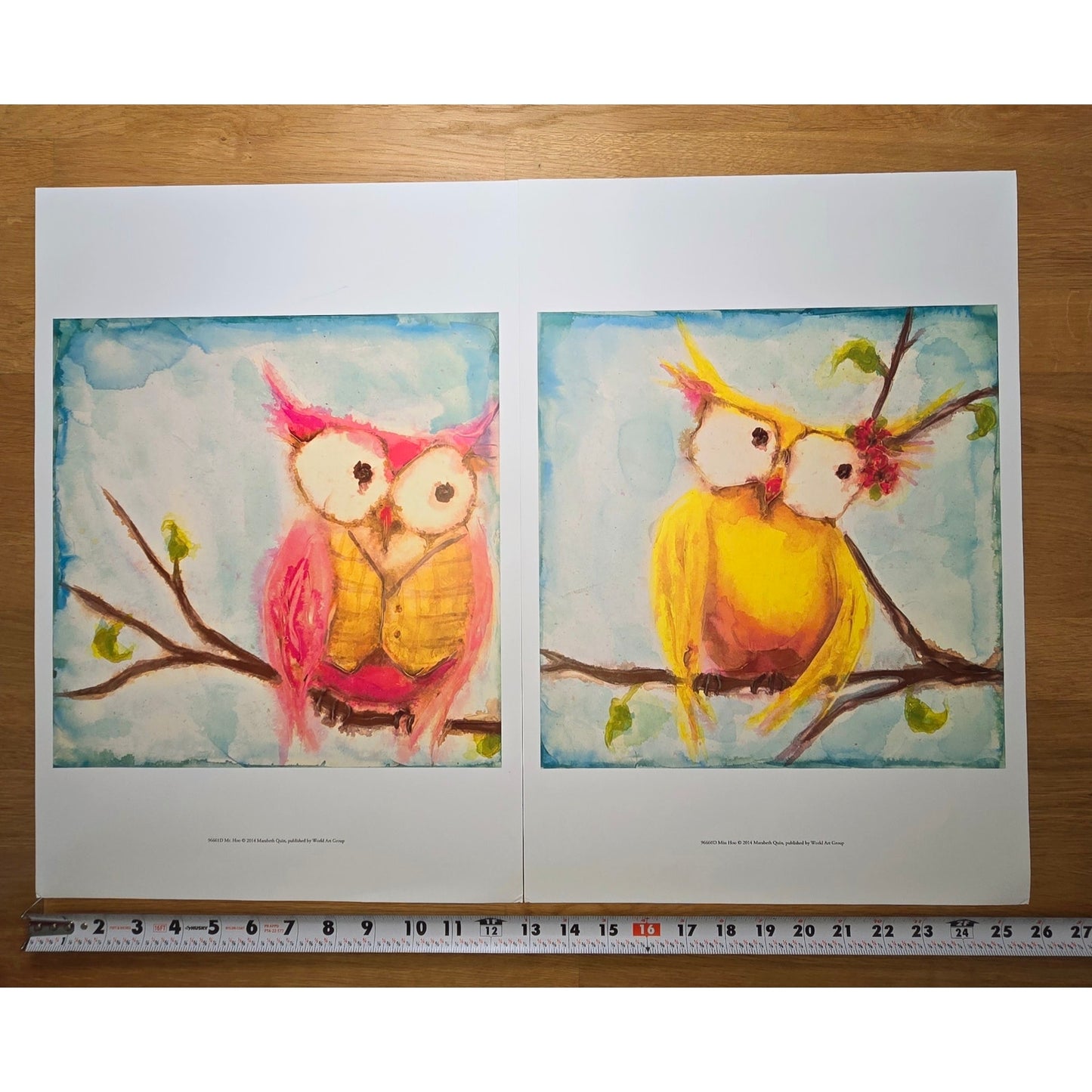 Two 16x12 Owl Bird Art Prints: Mr. Hoo & Miss Hoo, 2014 Marabeth Quin, World Art Group