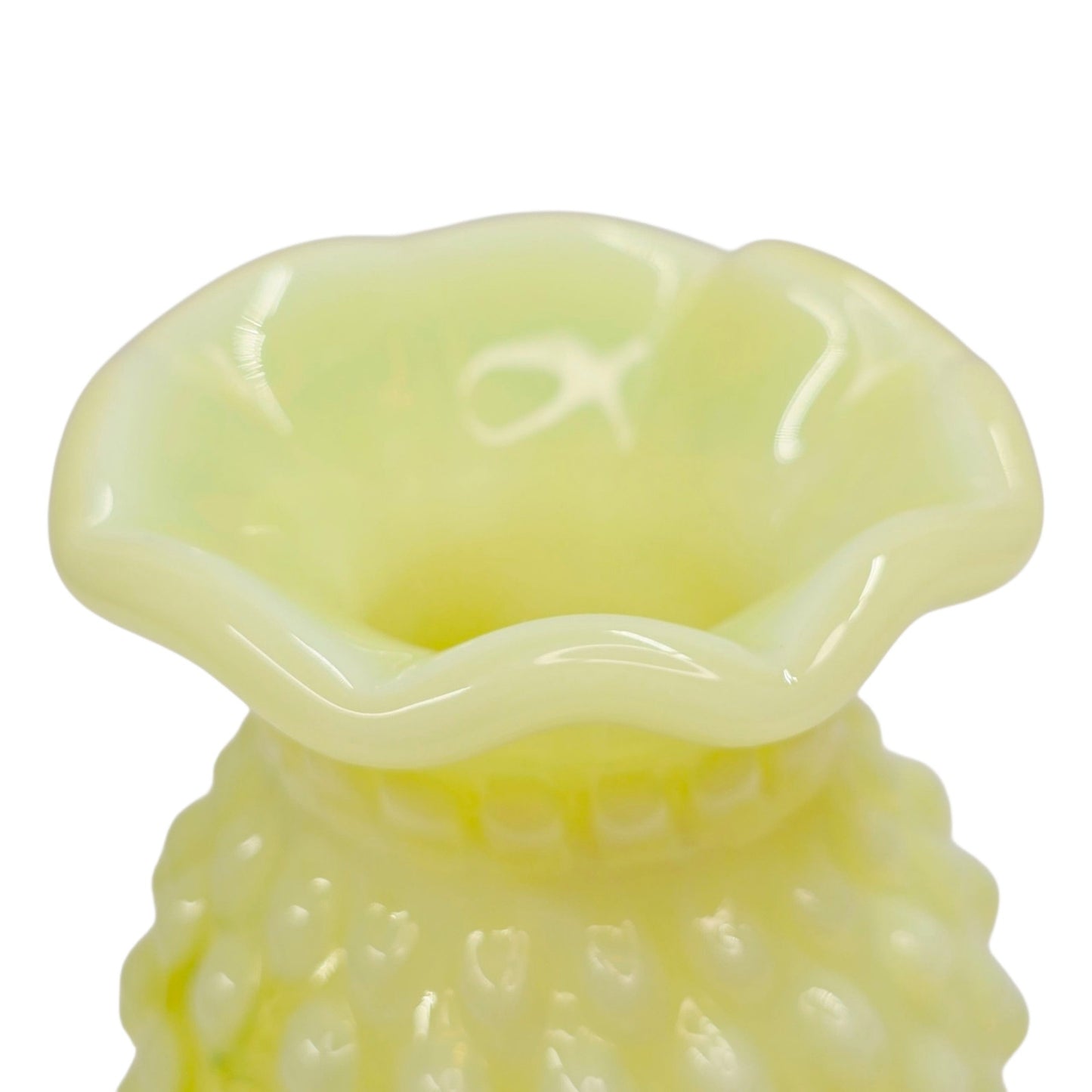 Vtg Fenton Vaseline Opalescent Hobnail Vase 3.75" Topaz Uranium Glass Glows UV