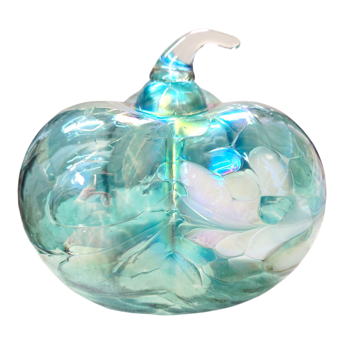Iridescent Aqua Blue Art Glass Pumpkin White Swirl Sculptural Decor 8"