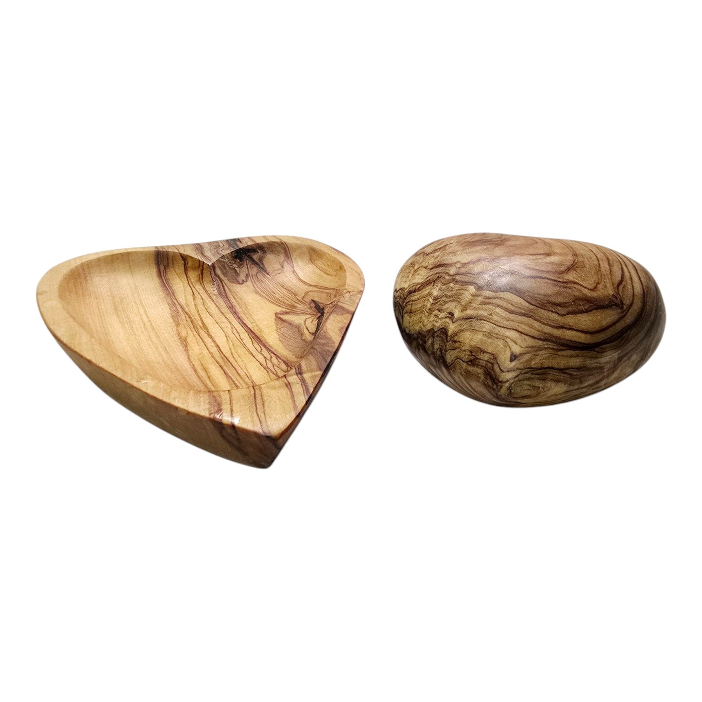 2 Hand Carved Olive Wood Hearts: 1 Puffy Heart Paperweight and 1 Trinket Dish