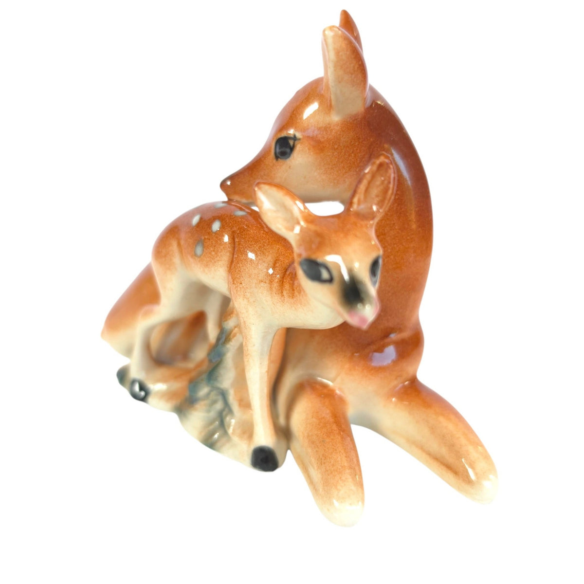 Vintage Ceramic Mother Deer & Spotted Fawn Figurine Doe Baby Woodland 5.75"